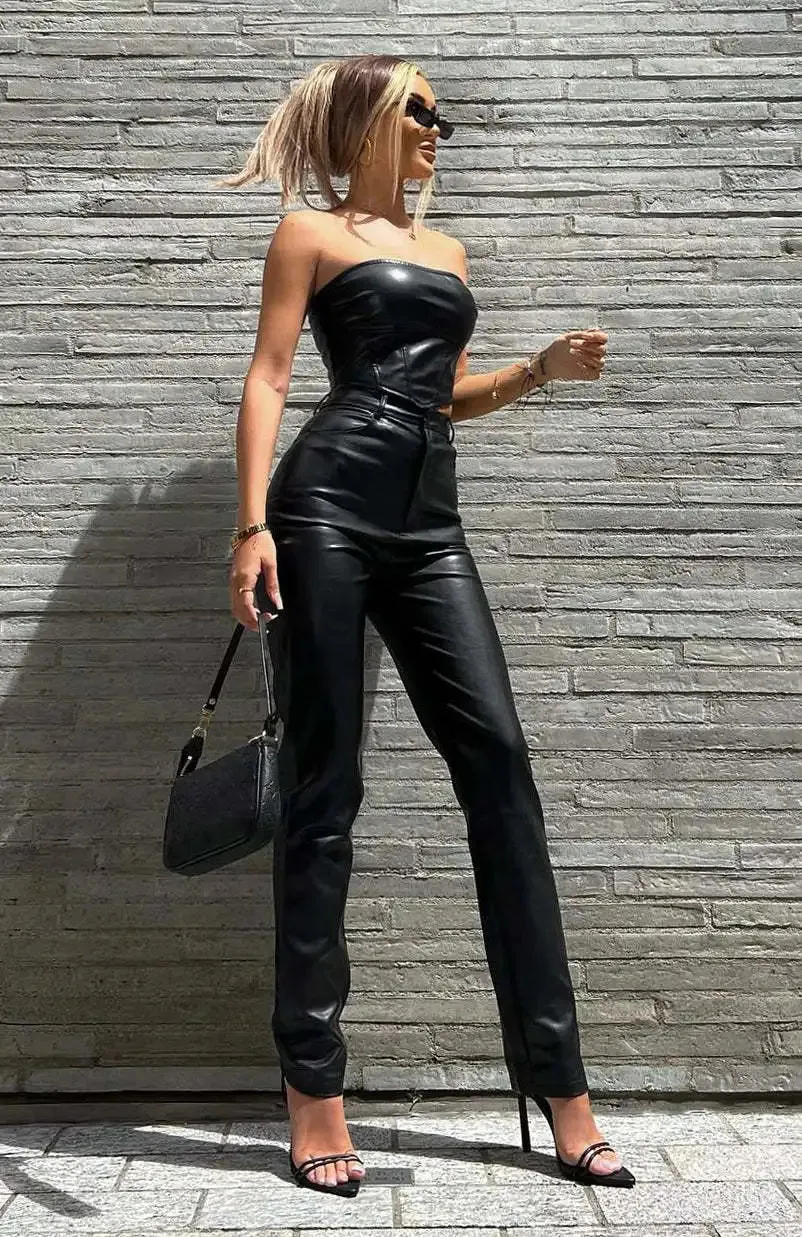 2023 New Women's High Waist PU Imitation Leather Straight Leg Leather Pants Loose Fashion Casual Pants Brown/Black