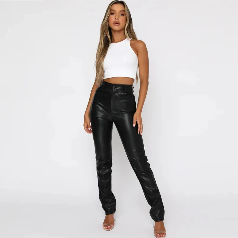 2023 New Women's High Waist PU Imitation Leather Straight Leg Leather Pants Loose Fashion Casual Pants Brown/Black