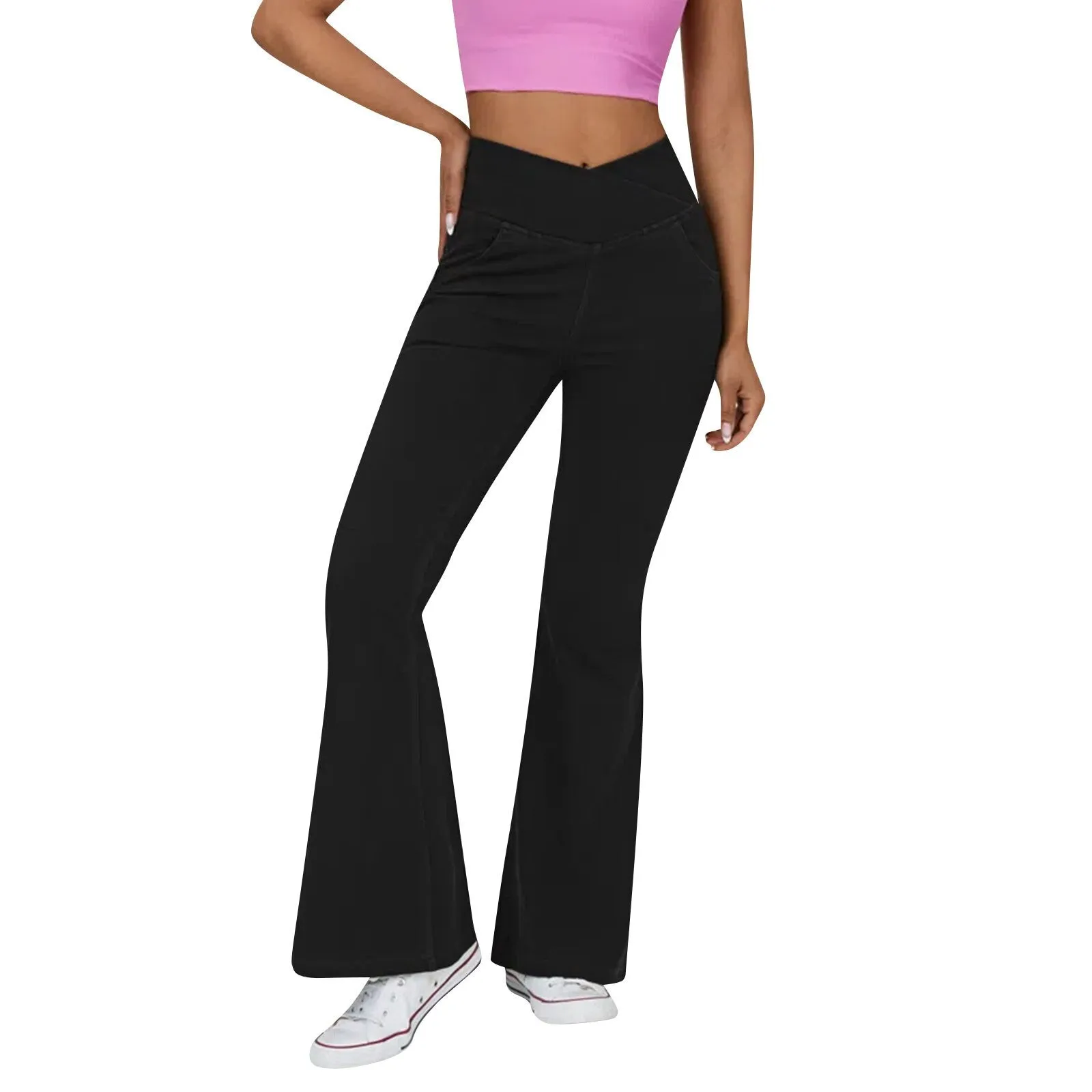 2024Solid Color High Waist Casual Flare Pants