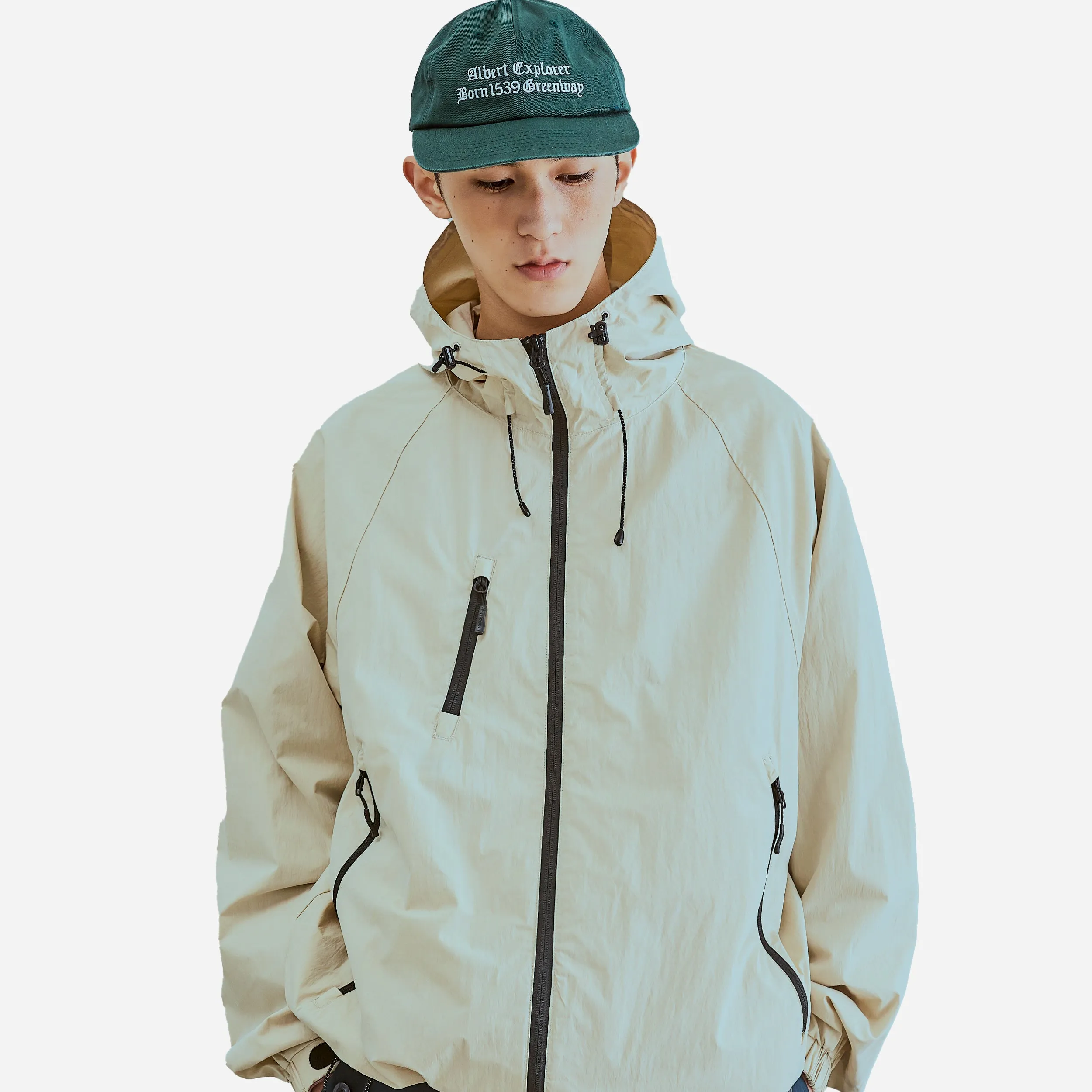 3 POCKET HOODED WIND JACKET - LIGHT BEIGE