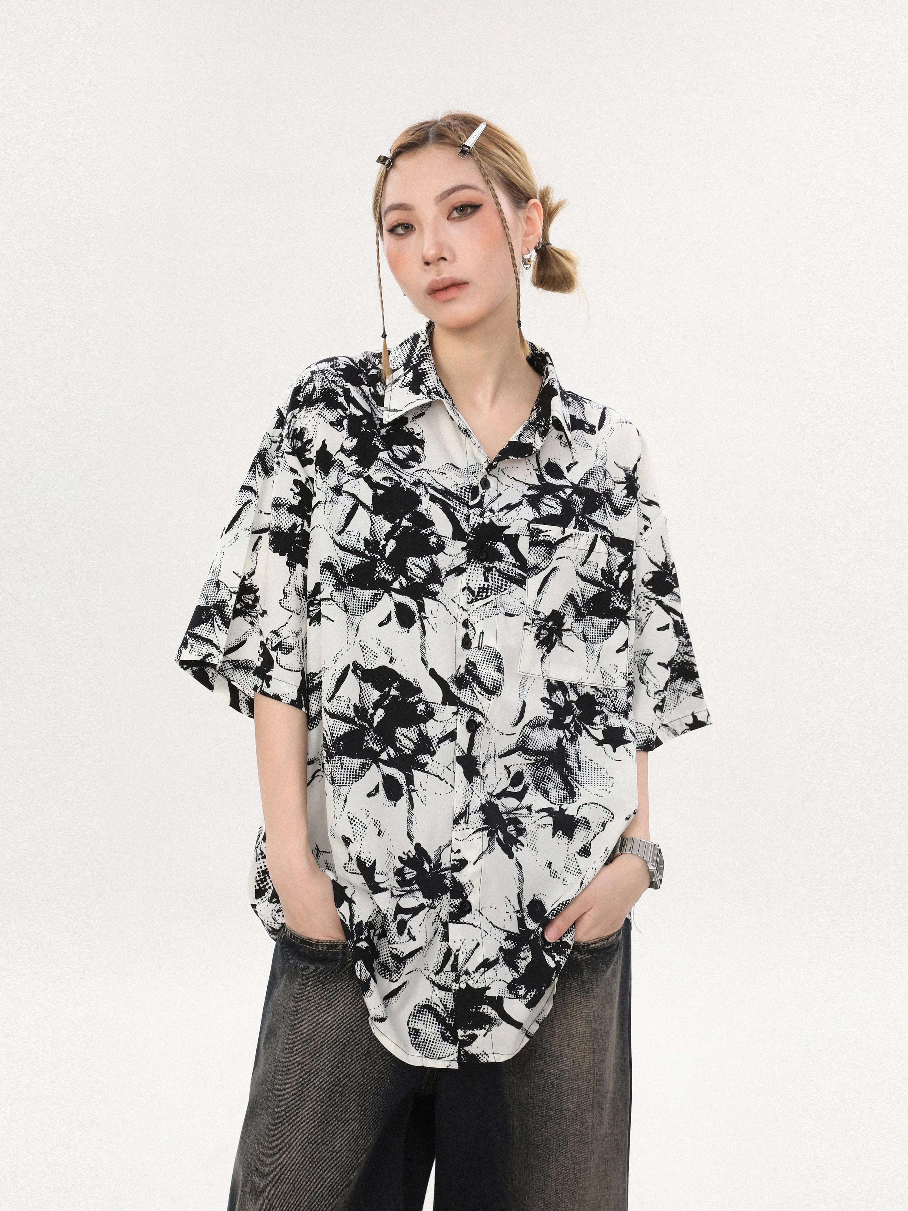 Abstract Print Oversized Button Shirt