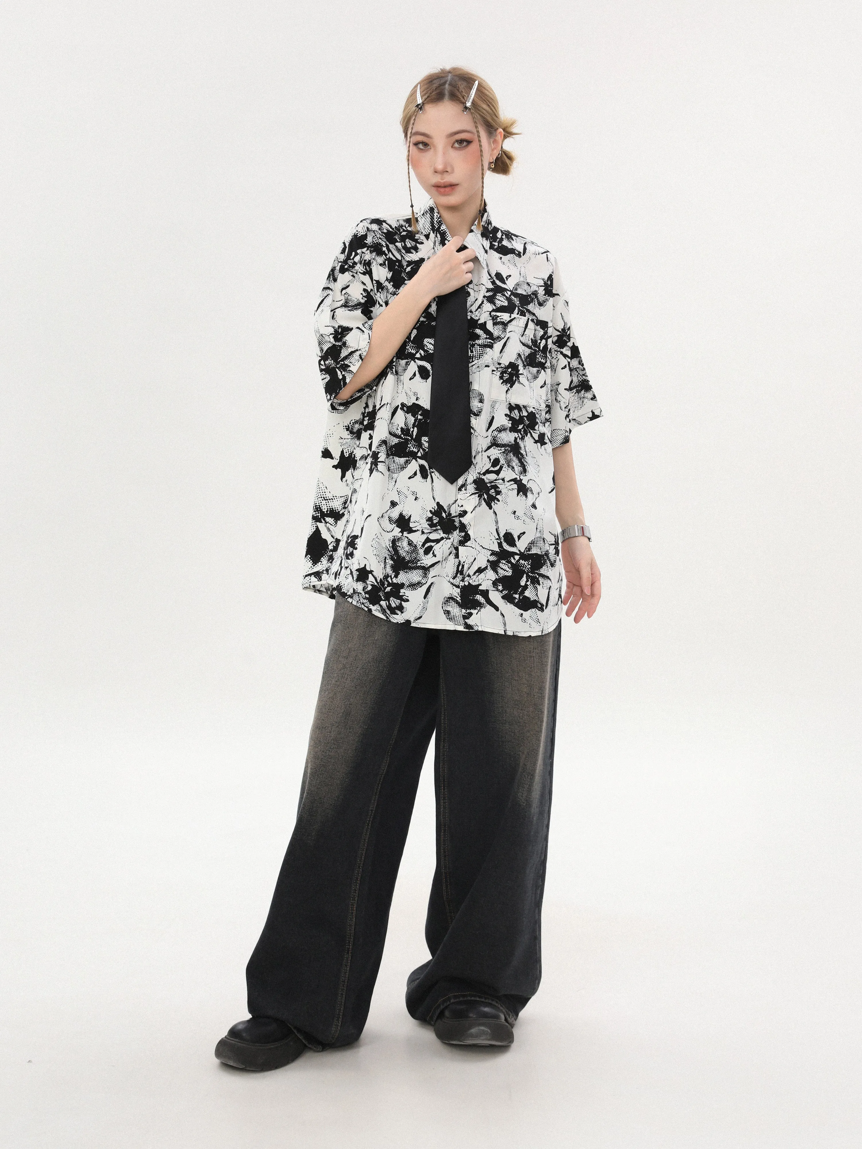 Abstract Print Oversized Button Shirt