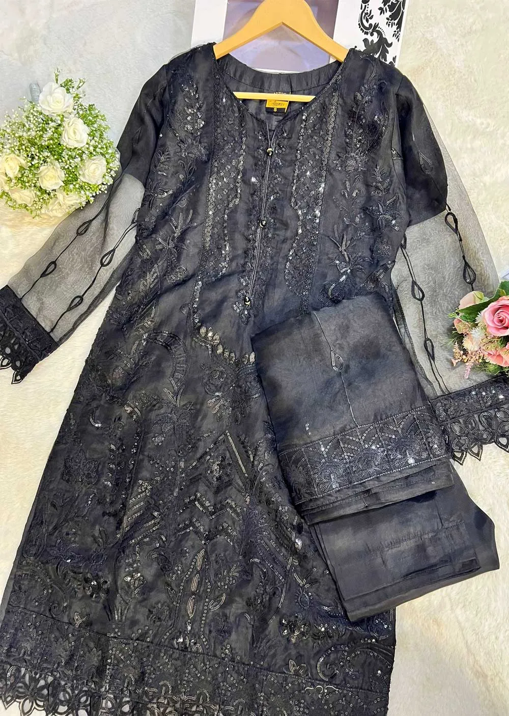 ALMS-58- Black Readymade Organza Suit