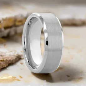 ANDREW | Silver Tungsten Ring, Brushed, Beveled Edges