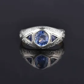 Antique Art Deco Platinum Sapphire Ring, Unisex Mens