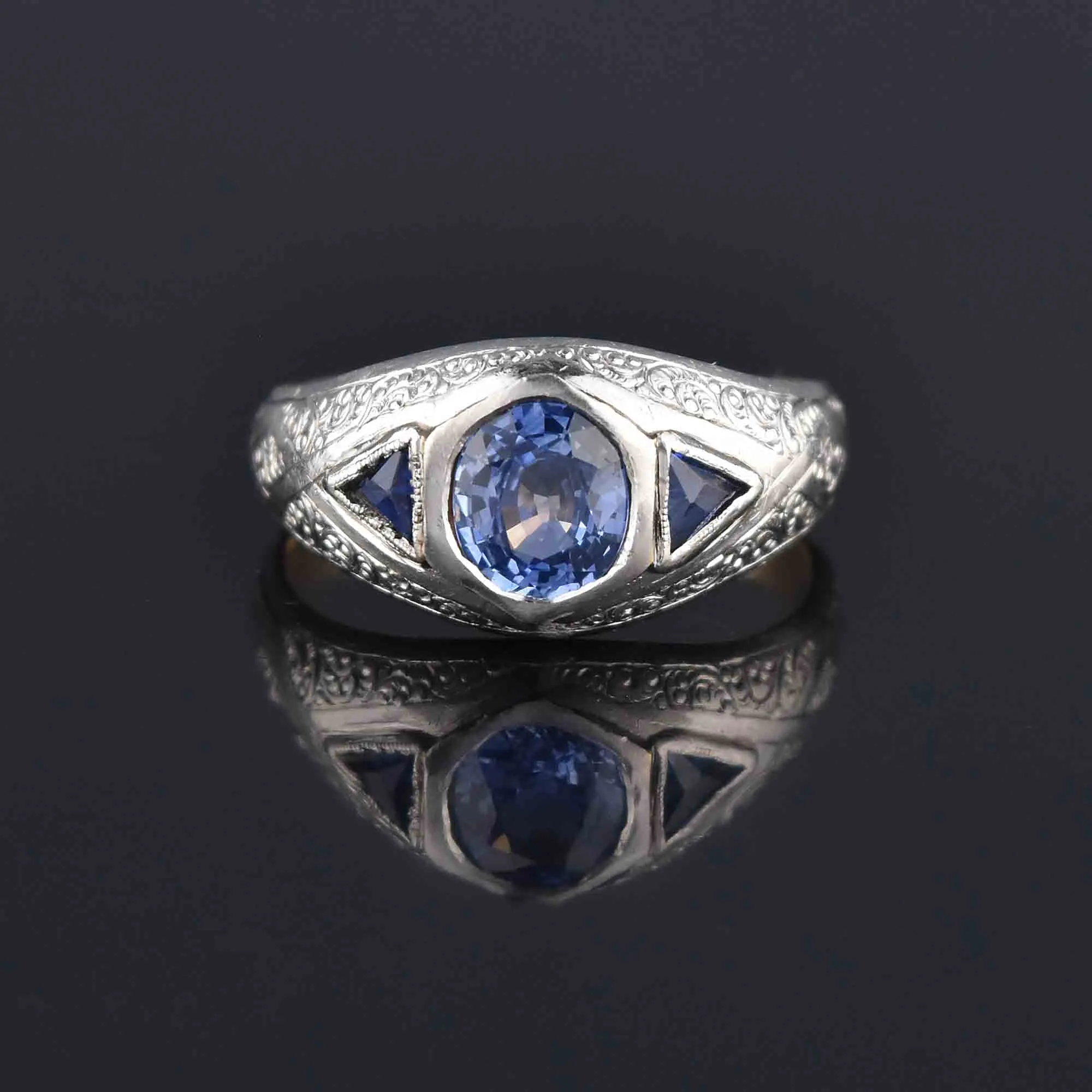 Antique Art Deco Platinum Sapphire Ring, Unisex Mens