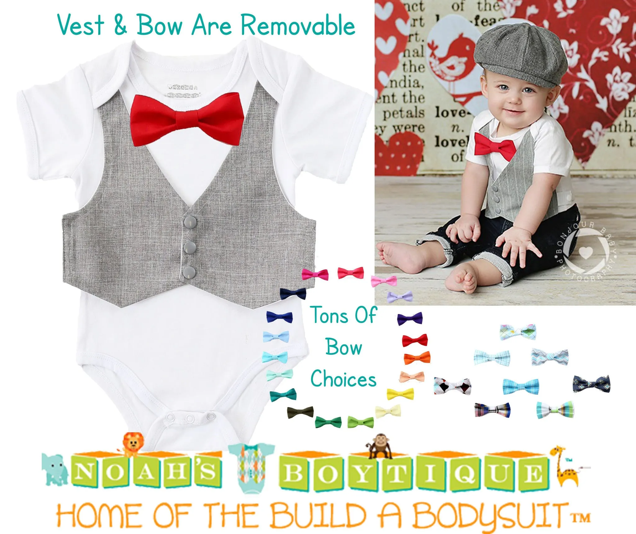 Baby Boy Clothes - Grey Pinstripe Vest and Bow Tie Outfit - Baby Wedding Outfit - Baby Shower Gift - Cake Smash - First Birthday - Baby Suit