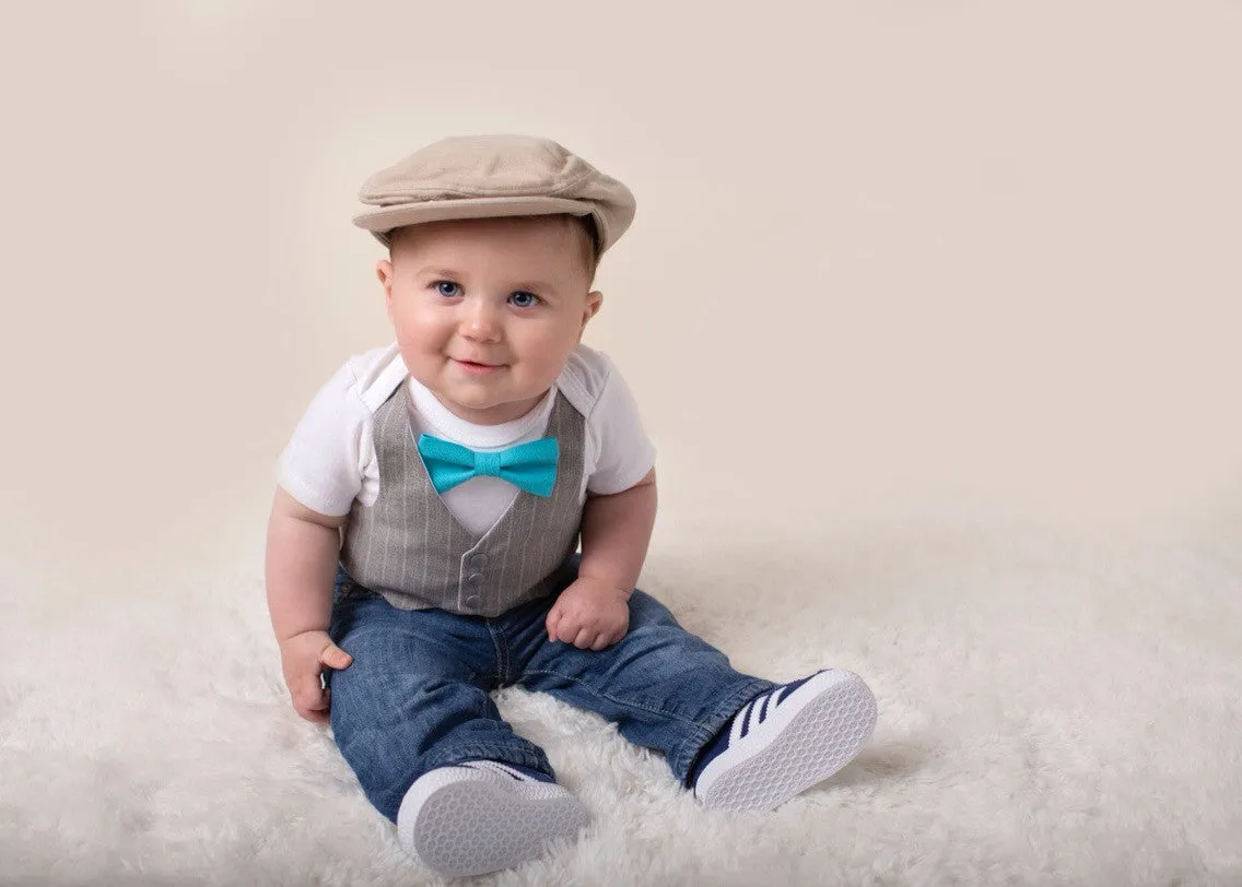 Baby Boy Clothes - Grey Pinstripe Vest and Bow Tie Outfit - Baby Wedding Outfit - Baby Shower Gift - Cake Smash - First Birthday - Baby Suit