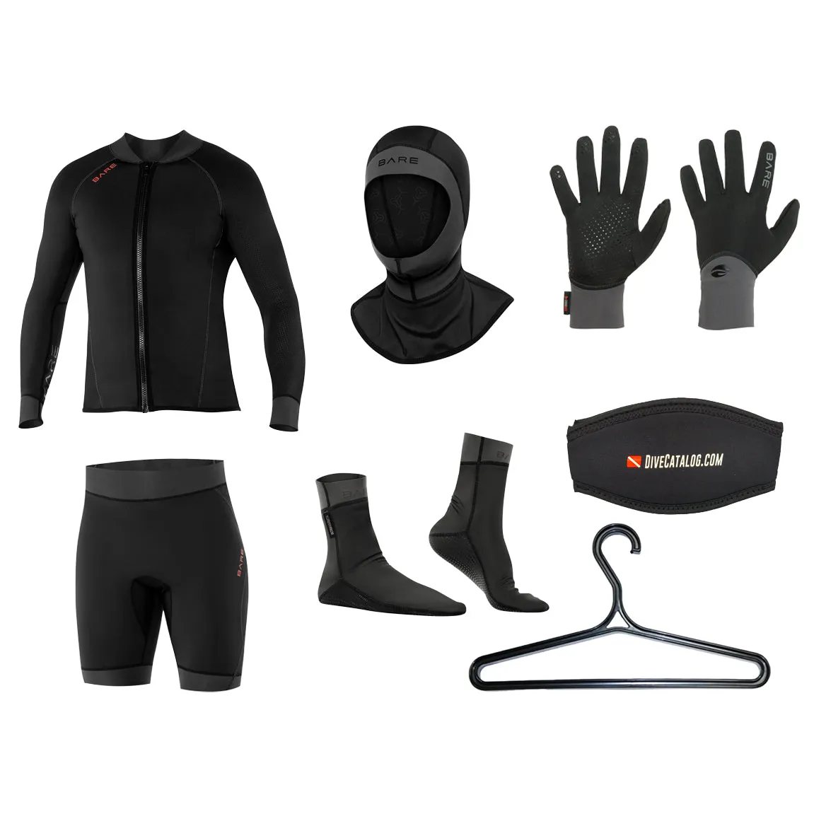 BARE Men's Exowear Jacket, Shorts, Hoods, Gloves, Socks Package w/ FREE Wetsuit Hanger & Mask Strap