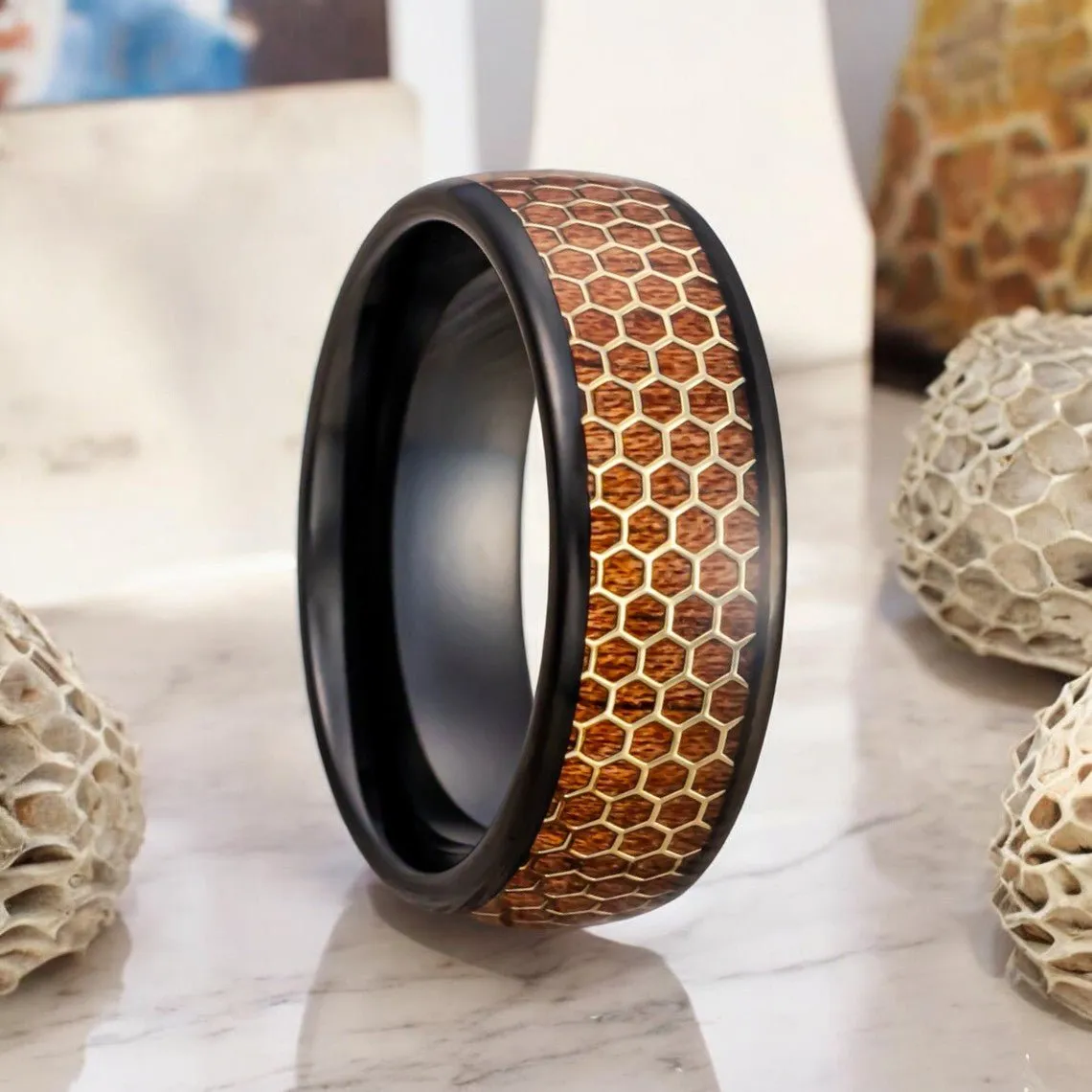 BEASON | Black Tungsten Ring, Rosewood Inlay, Gold Honeycomb Design, Domed