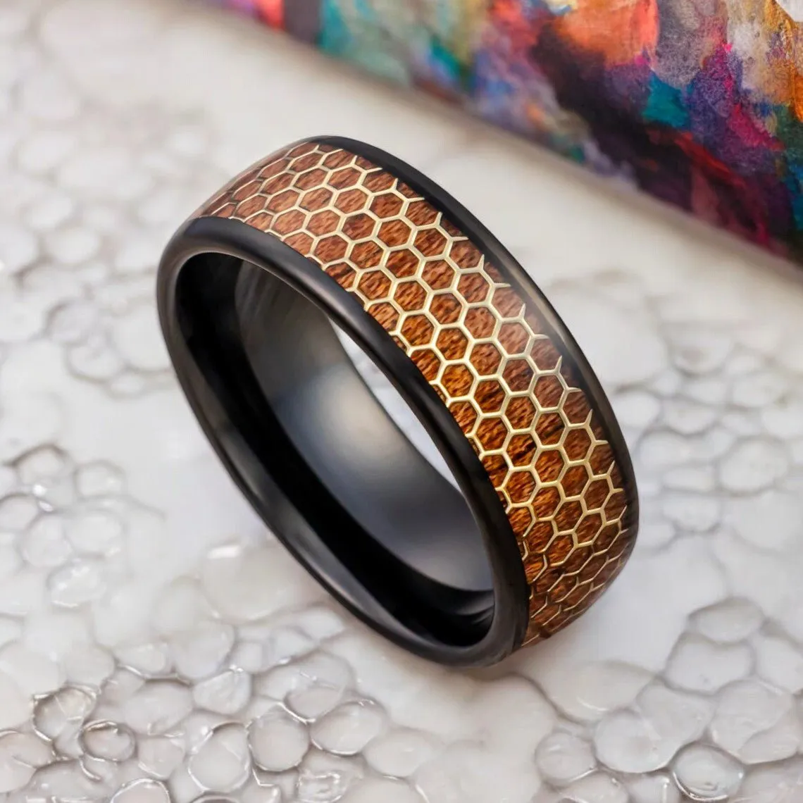 BEASON | Black Tungsten Ring, Rosewood Inlay, Gold Honeycomb Design, Domed