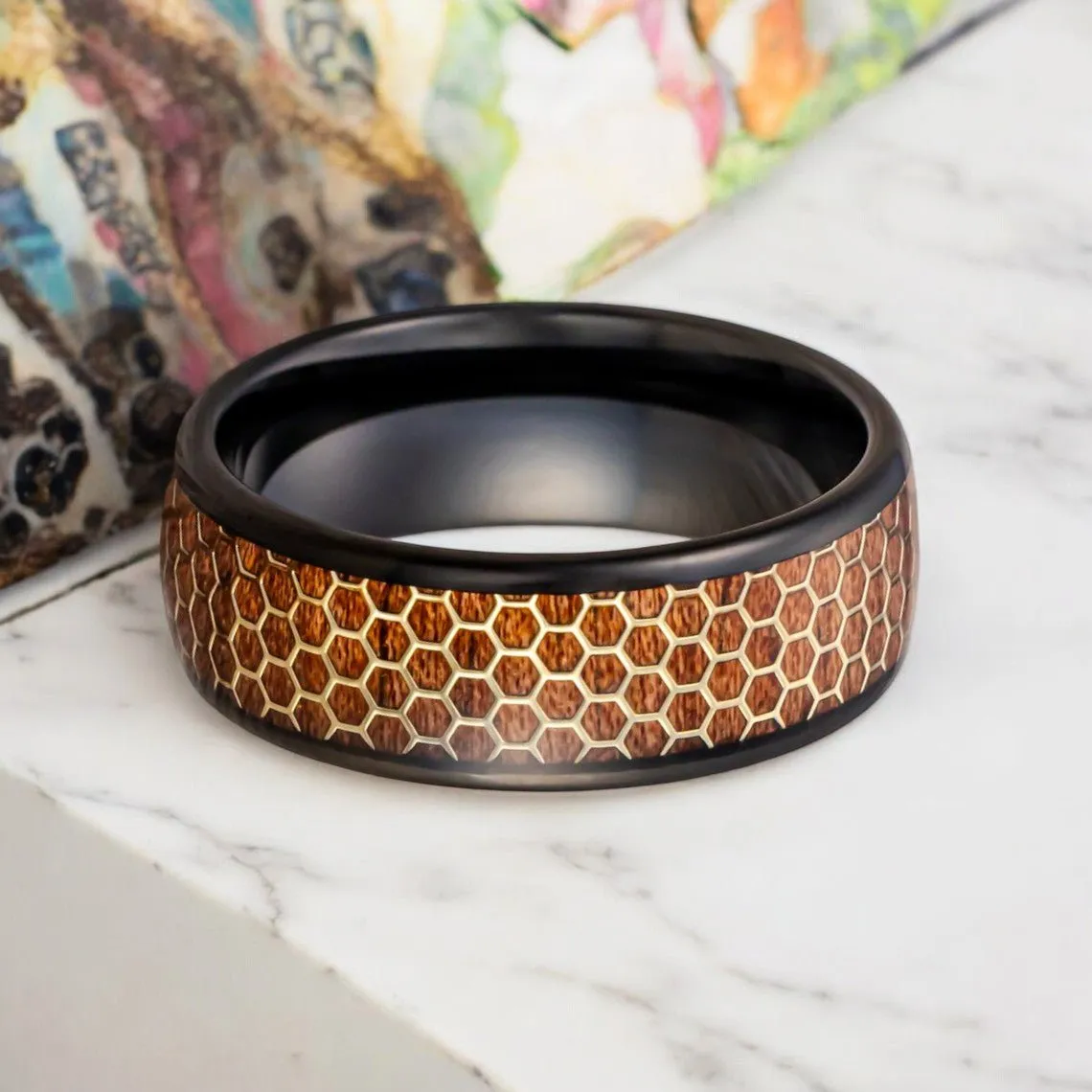 BEASON | Black Tungsten Ring, Rosewood Inlay, Gold Honeycomb Design, Domed