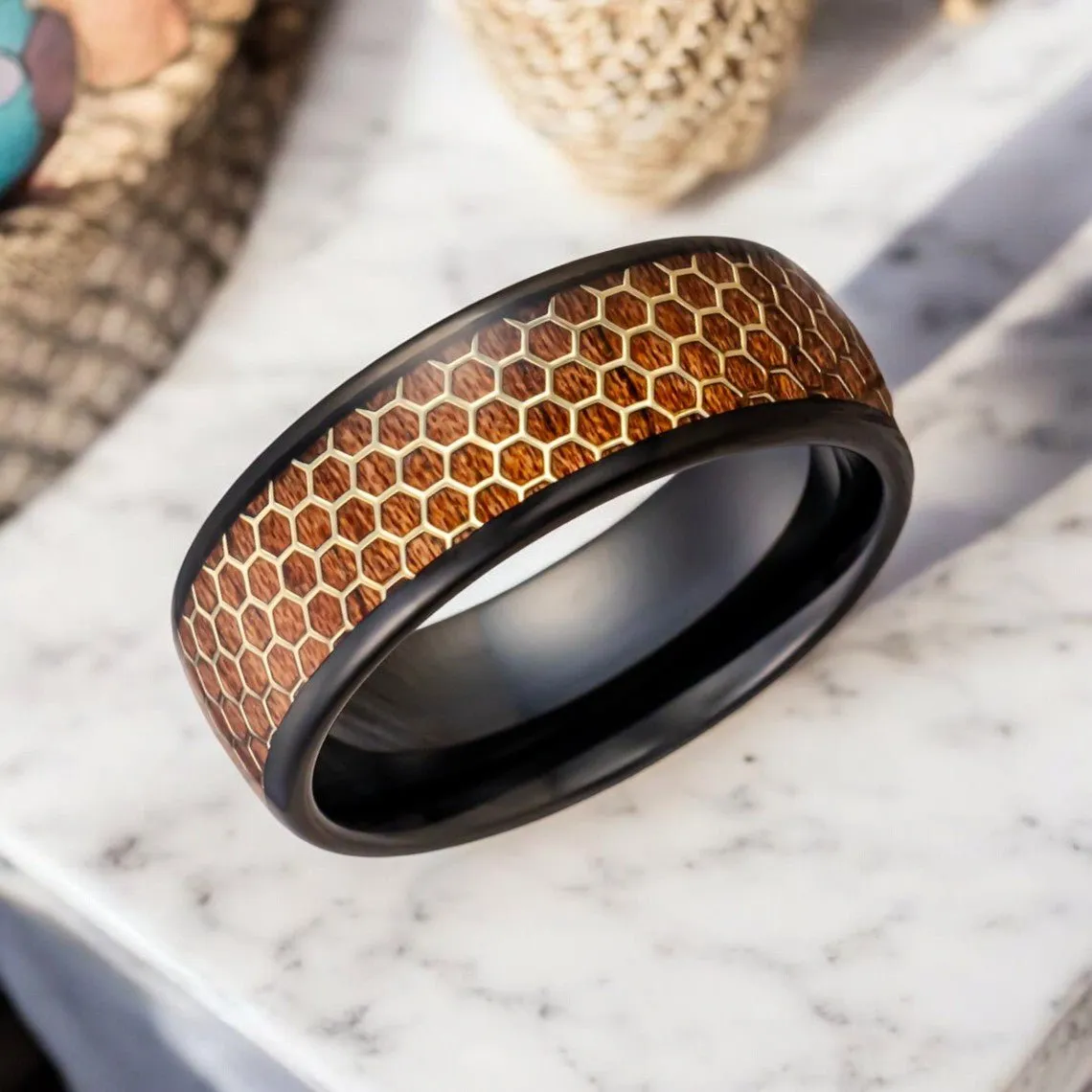 BEASON | Black Tungsten Ring, Rosewood Inlay, Gold Honeycomb Design, Domed