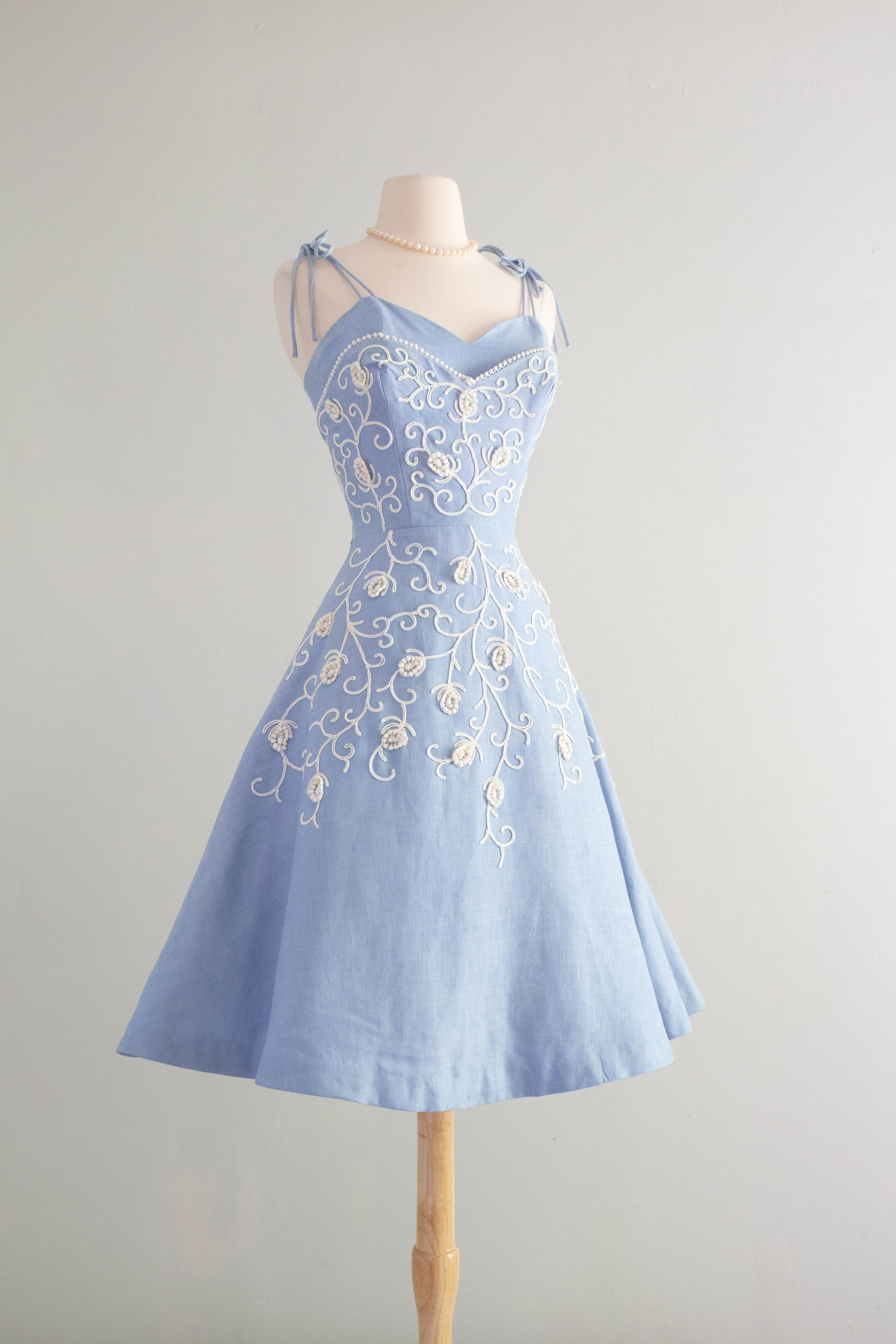 Beautiful 1950's Embroidered Wedgewood Blue Party Dress By Henry Conder / Small