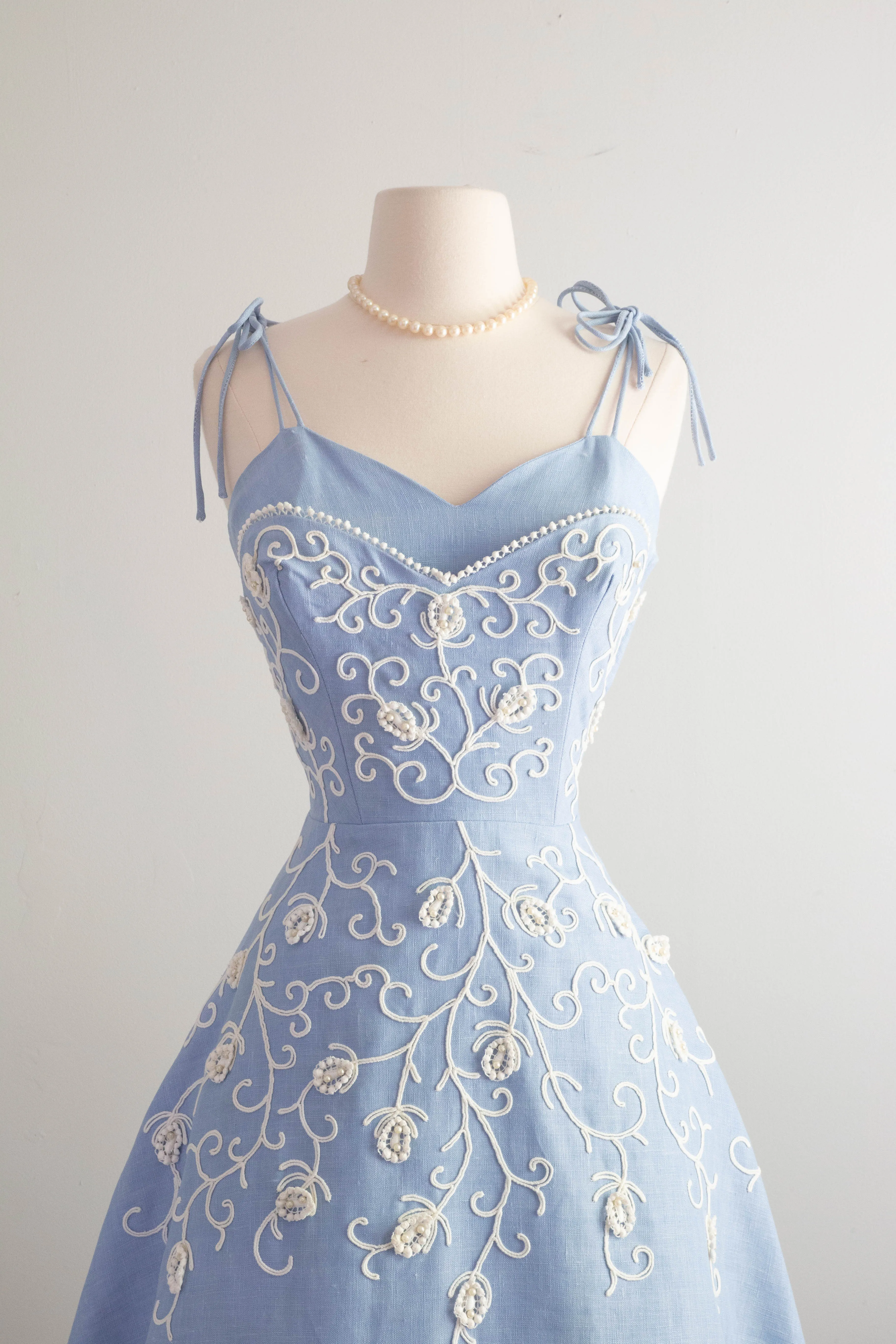 Beautiful 1950's Embroidered Wedgewood Blue Party Dress By Henry Conder / Small