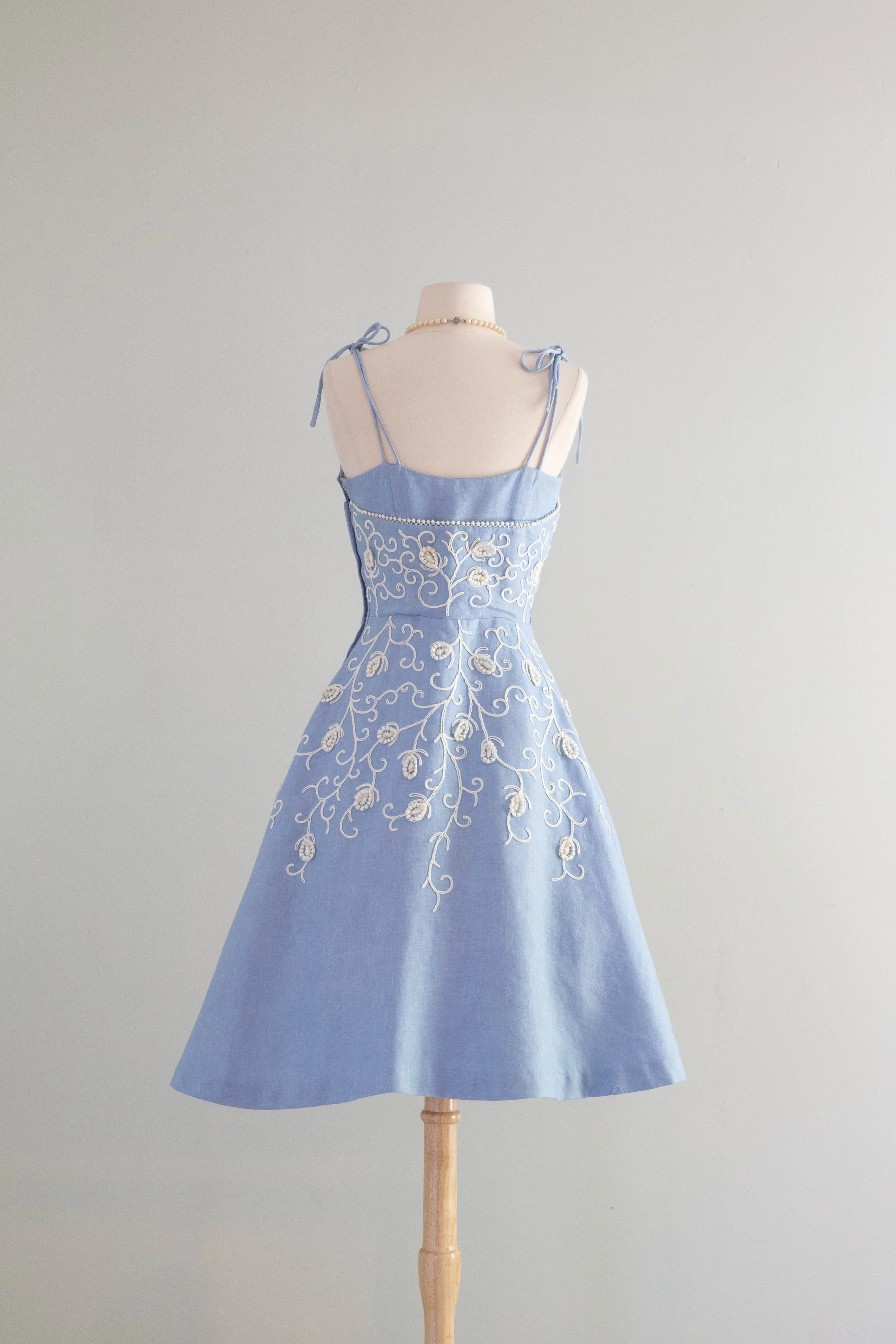 Beautiful 1950's Embroidered Wedgewood Blue Party Dress By Henry Conder / Small