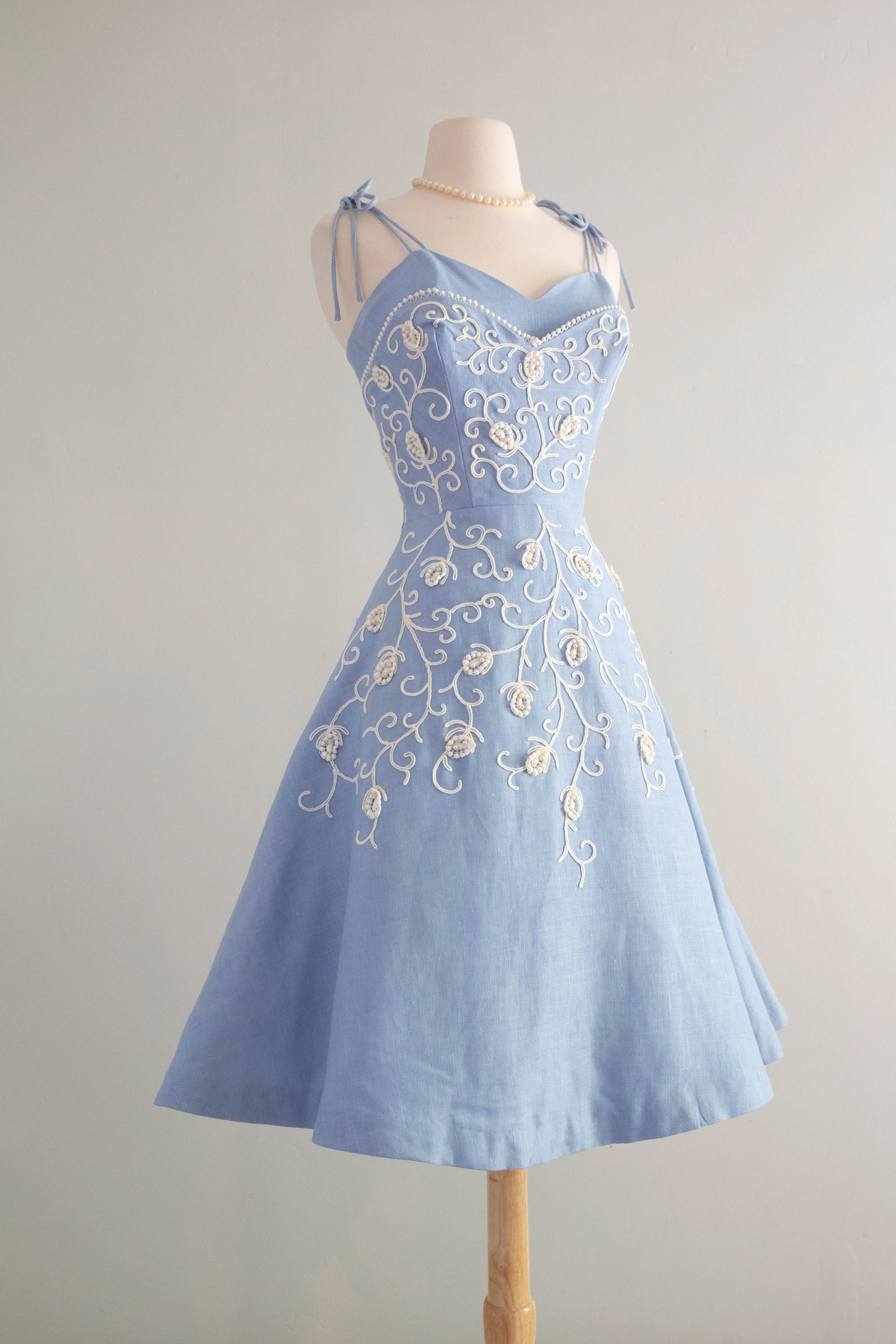 Beautiful 1950's Embroidered Wedgewood Blue Party Dress By Henry Conder / Small