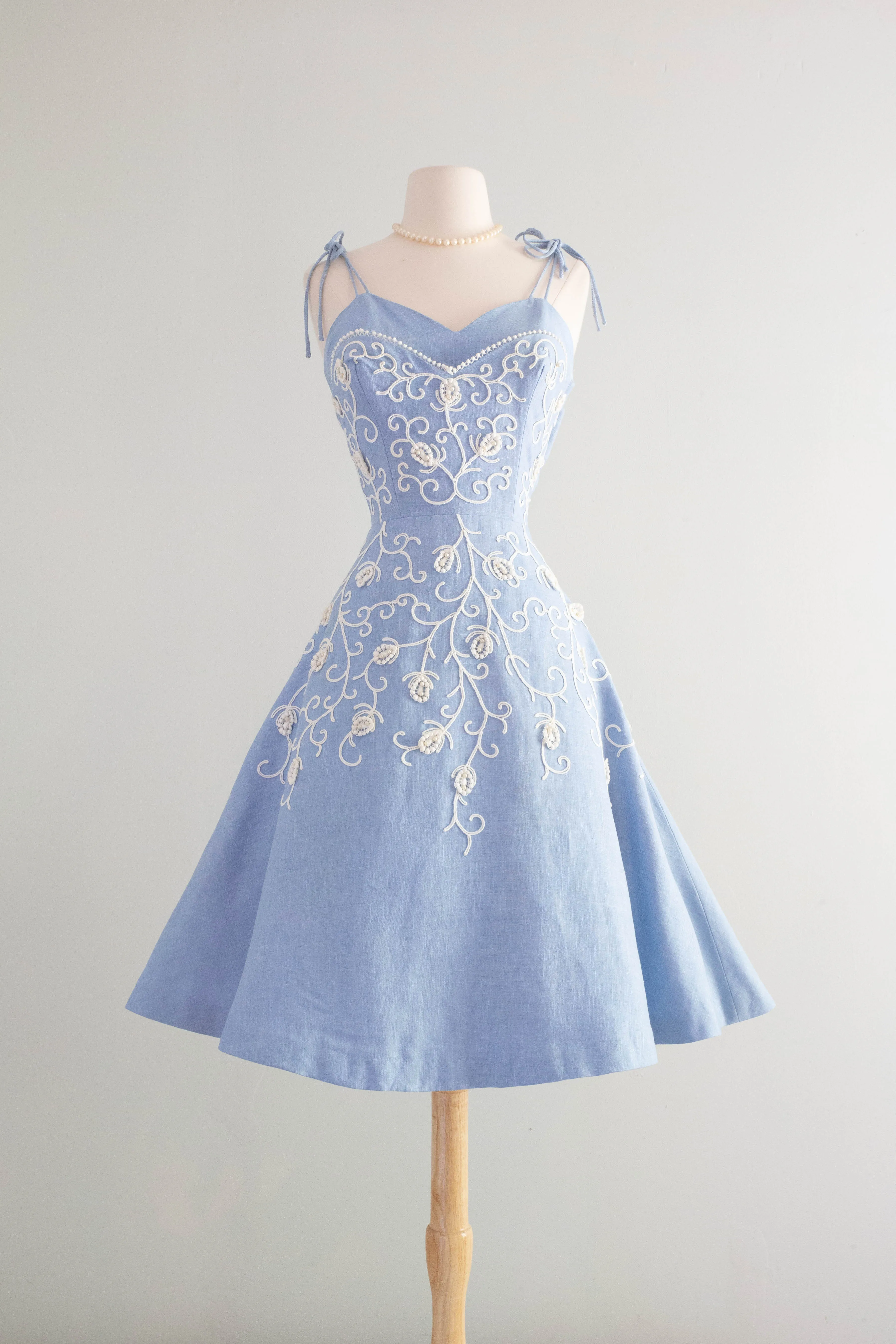 Beautiful 1950's Embroidered Wedgewood Blue Party Dress By Henry Conder / Small