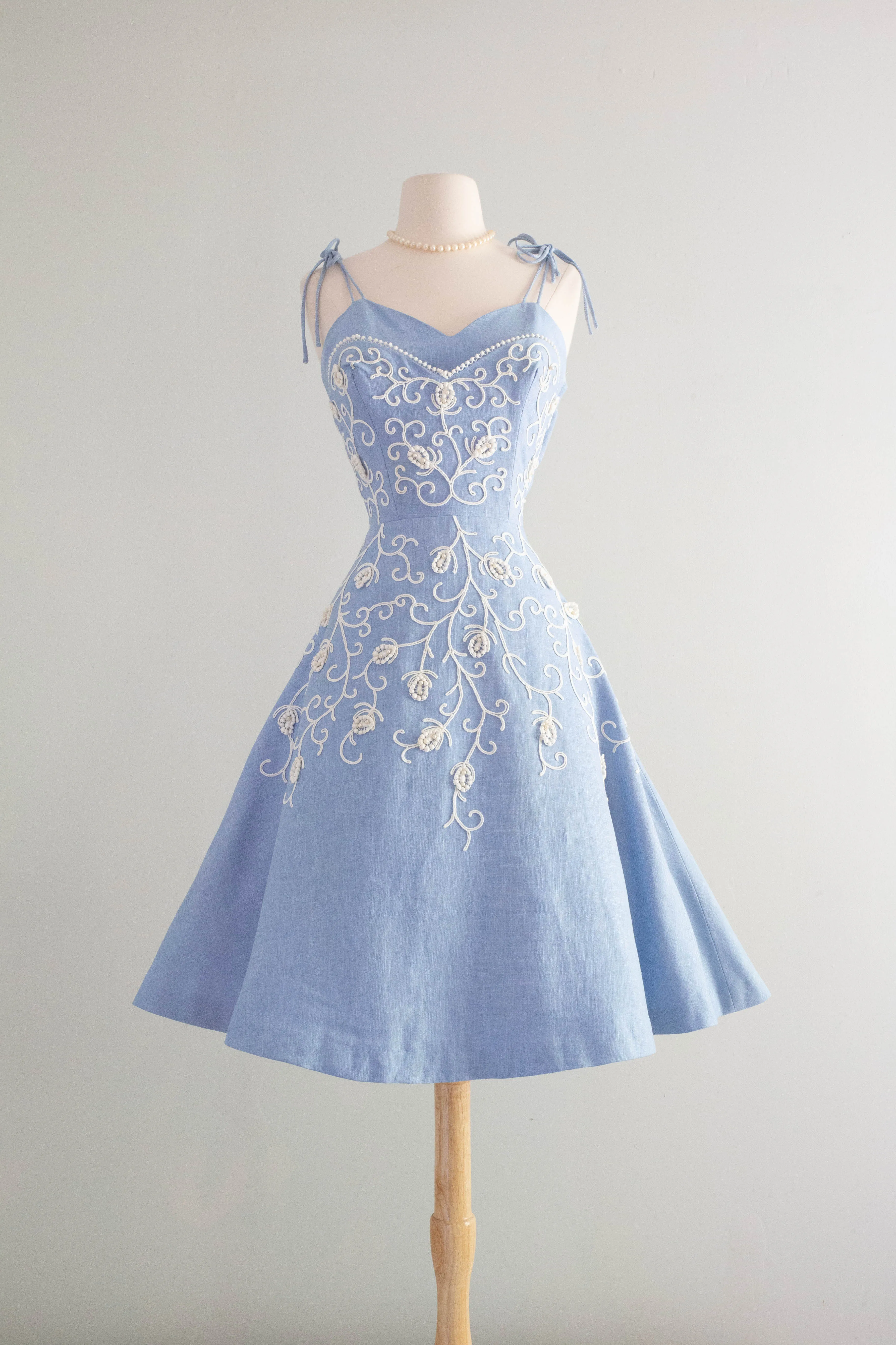 Beautiful 1950's Embroidered Wedgewood Blue Party Dress By Henry Conder / Small