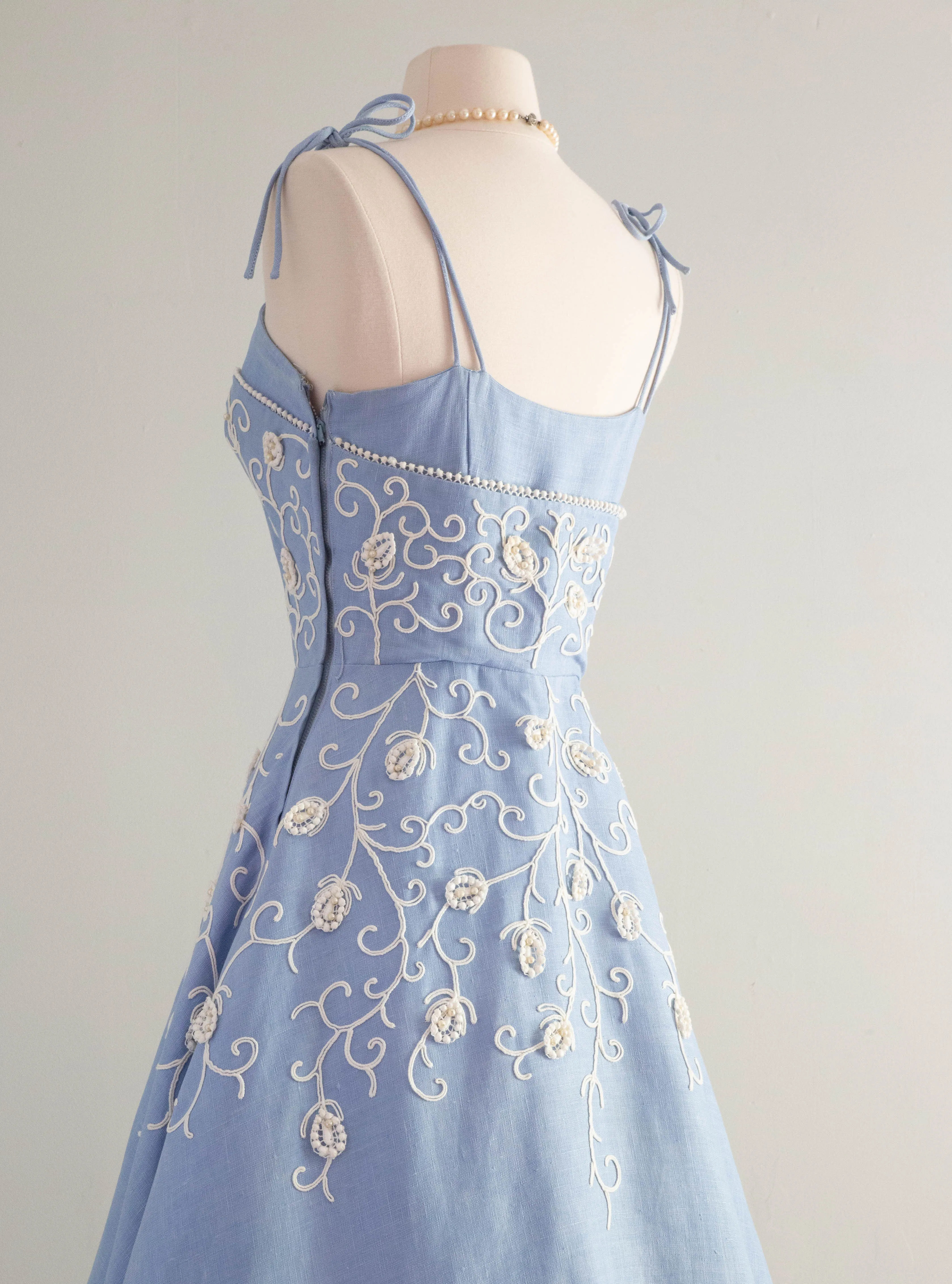 Beautiful 1950's Embroidered Wedgewood Blue Party Dress By Henry Conder / Small