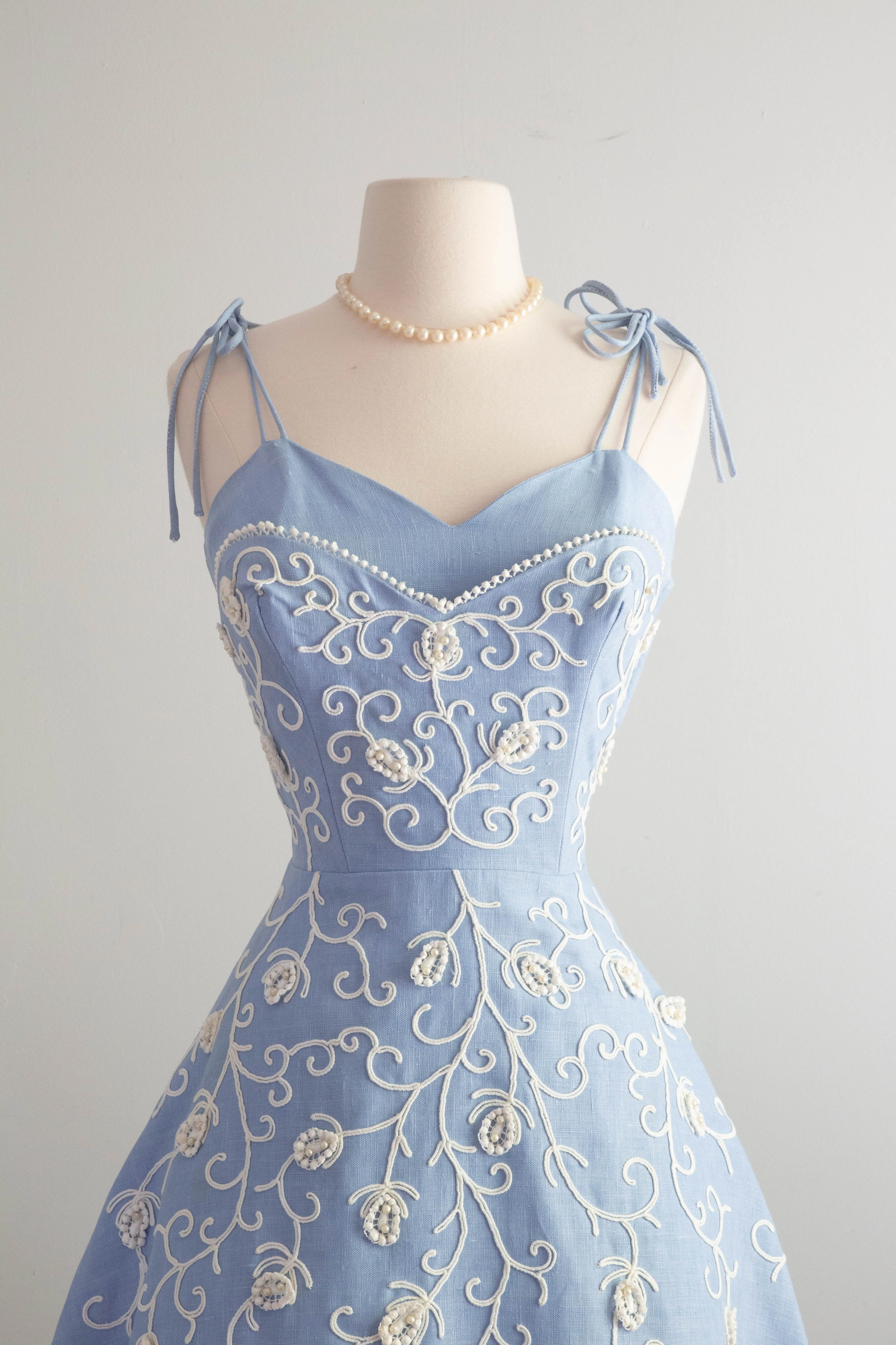 Beautiful 1950's Embroidered Wedgewood Blue Party Dress By Henry Conder / Small