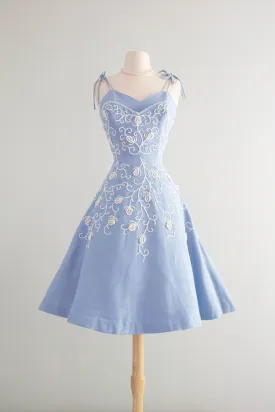 Beautiful 1950's Embroidered Wedgewood Blue Party Dress By Henry Conder / Small