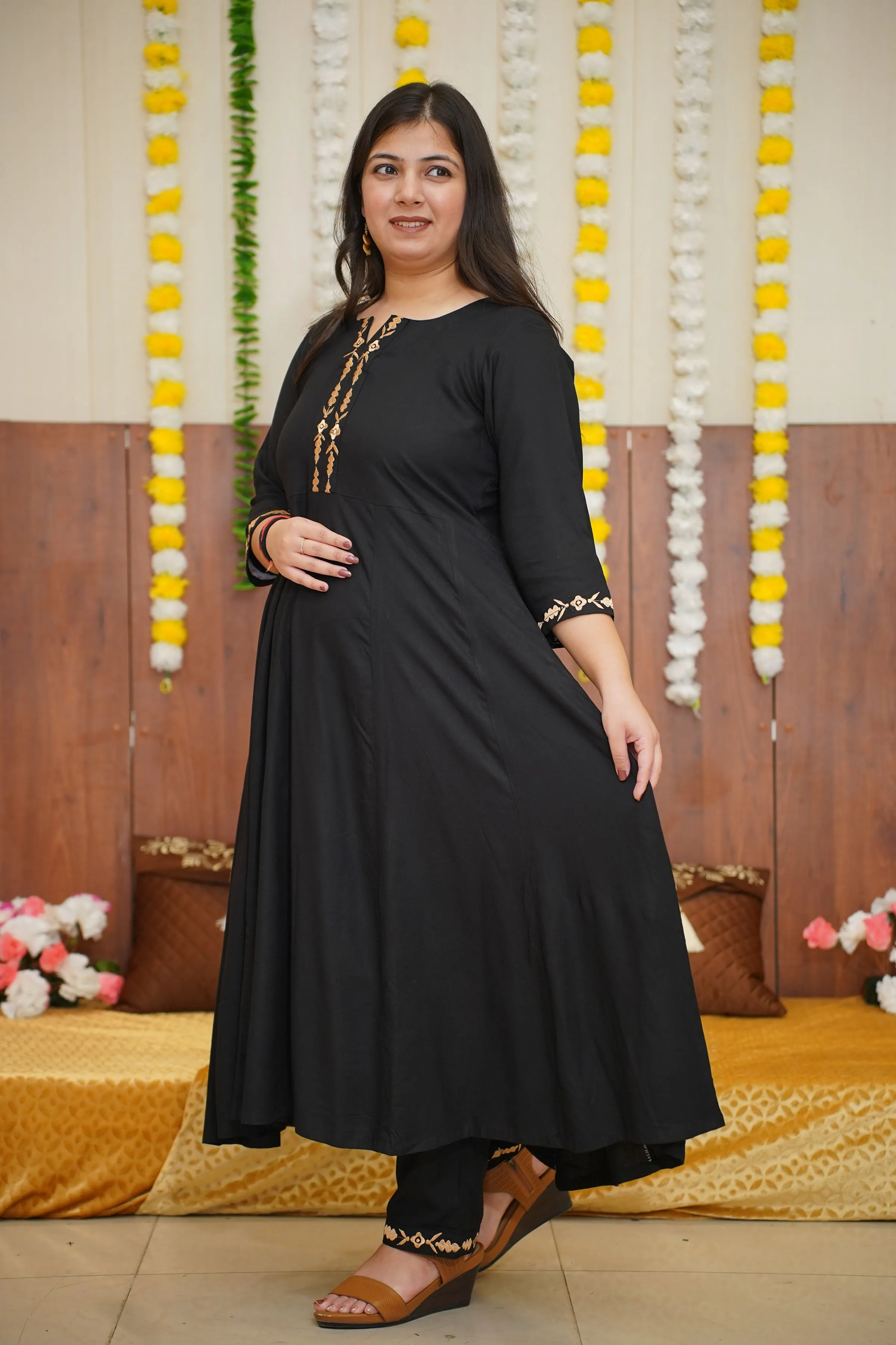 Beige Accent Black Anarkali Set