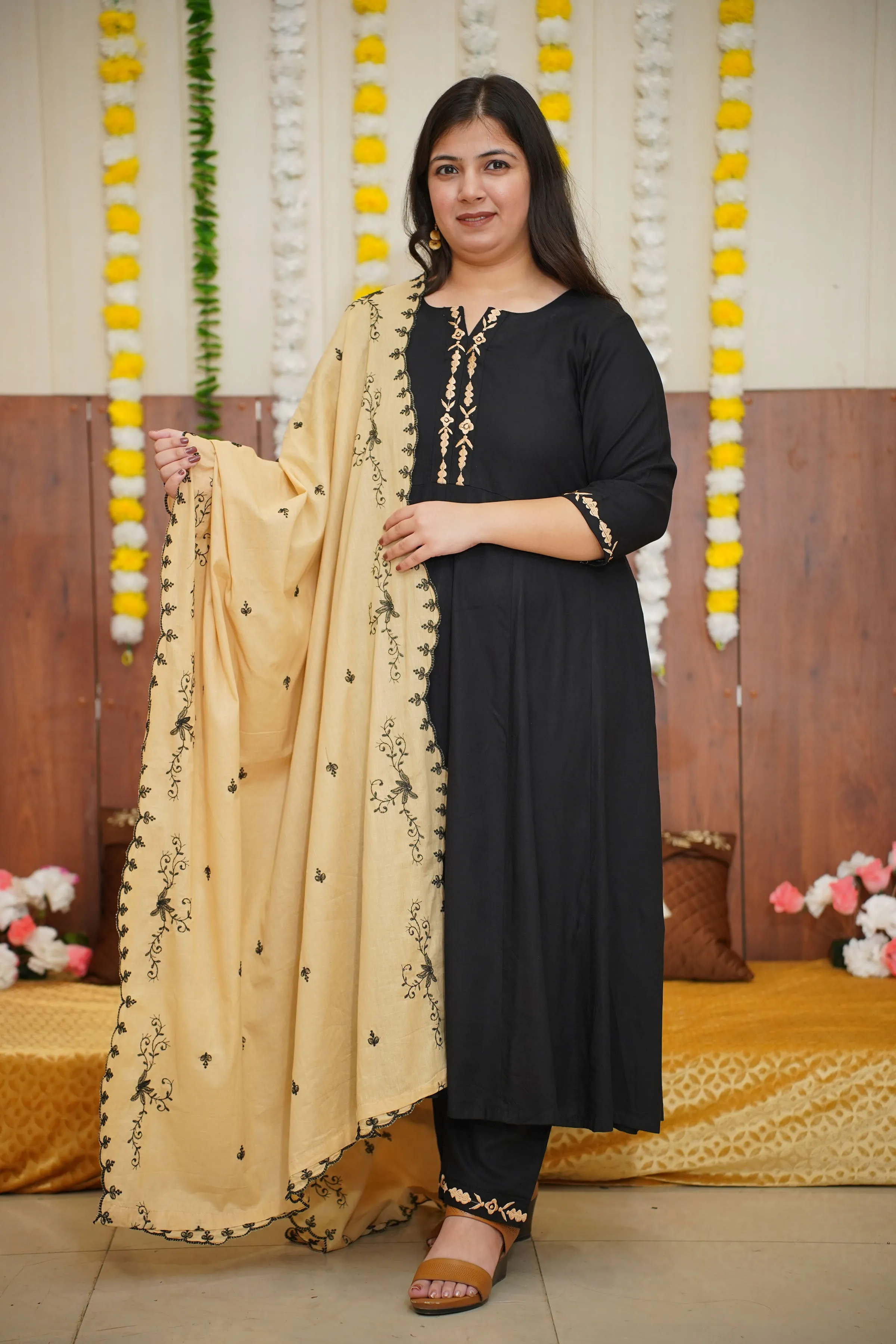 Beige Accent Black Anarkali Set