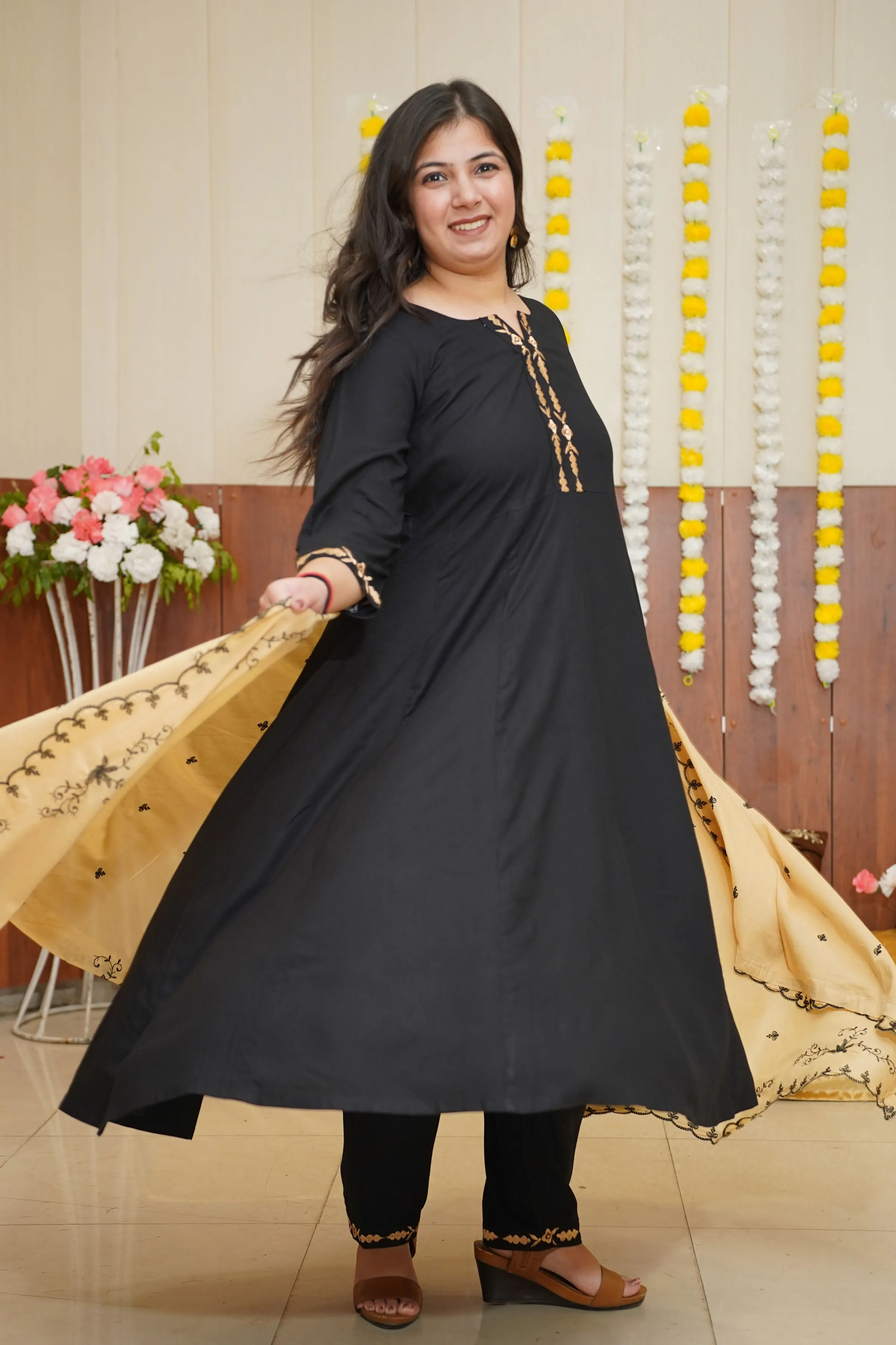 Beige Accent Black Anarkali Set