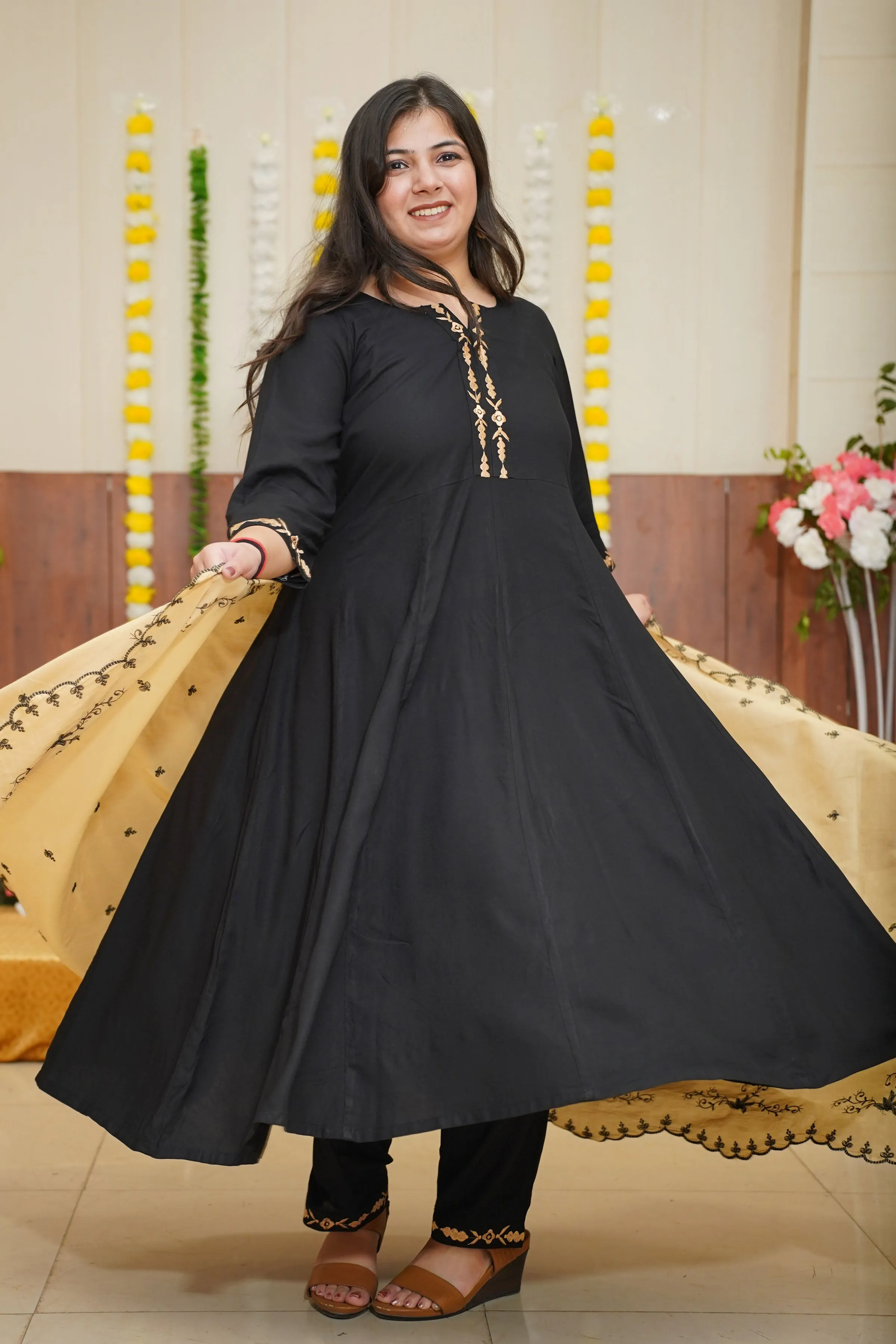 Beige Accent Black Anarkali Set