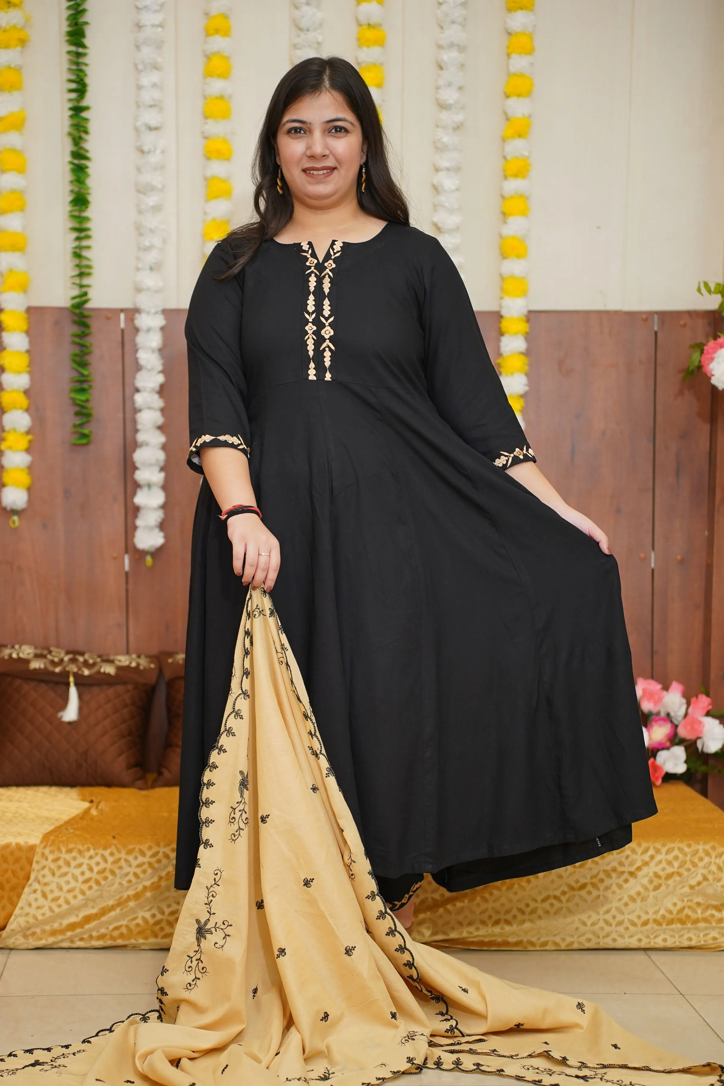 Beige Accent Black Anarkali Set