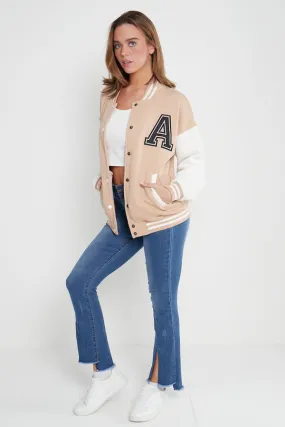 BEIGE CONTRAST SLEEVE LETTER A UNISEX VARSITY JACKET