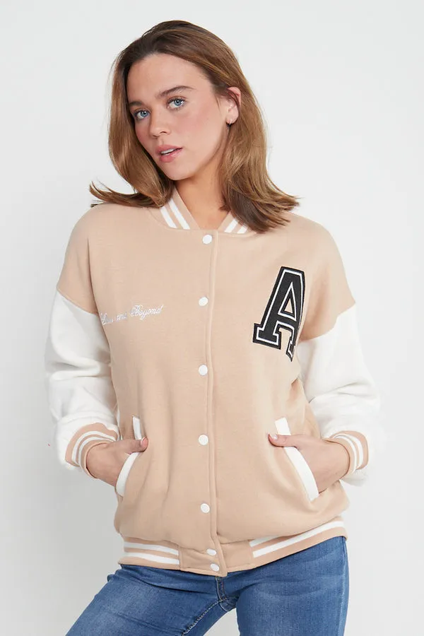 BEIGE CONTRAST SLEEVE LETTER A UNISEX VARSITY JACKET