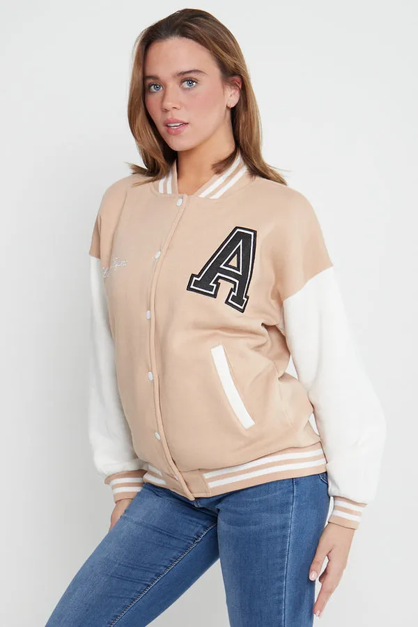 BEIGE CONTRAST SLEEVE LETTER A UNISEX VARSITY JACKET