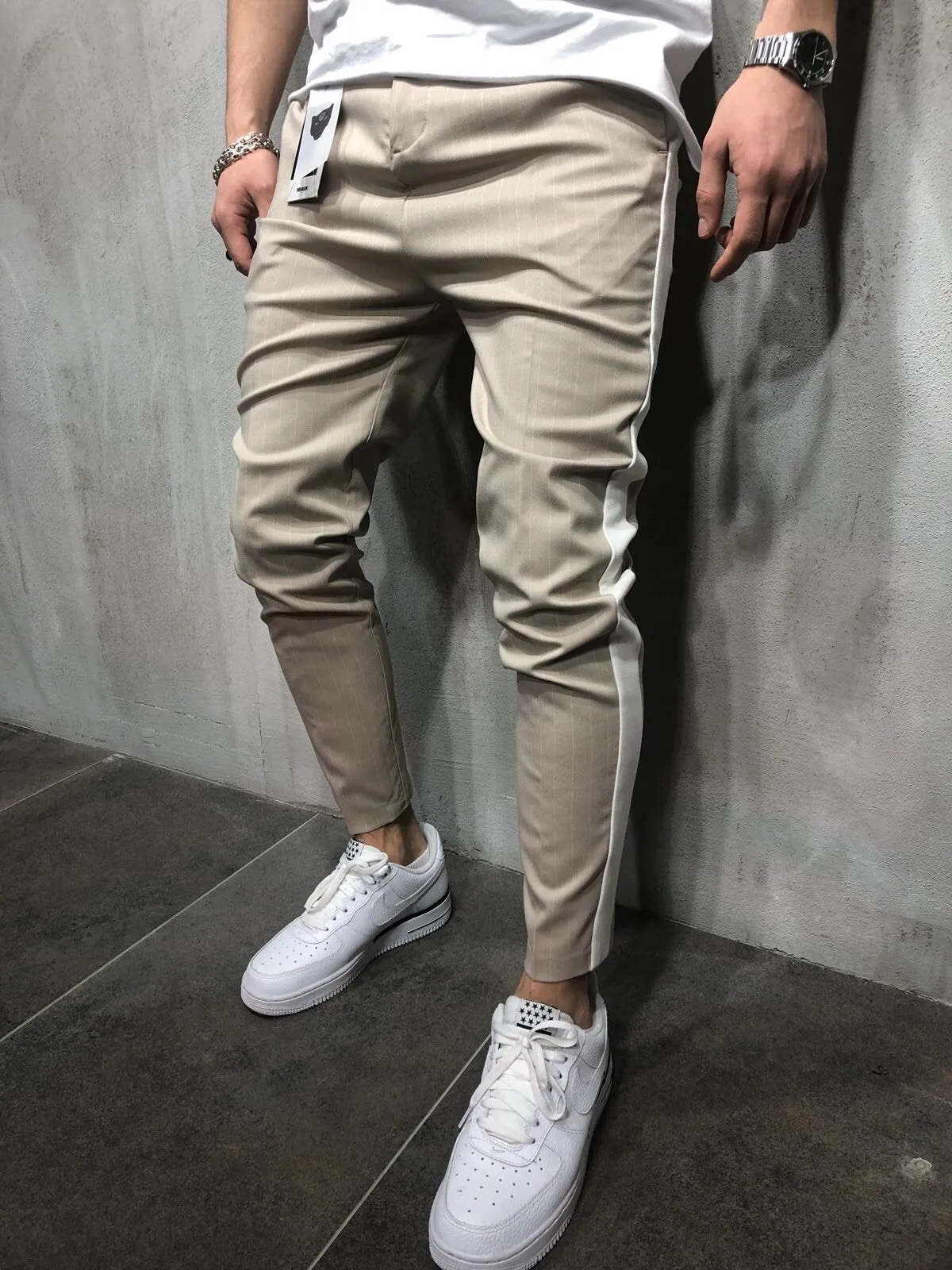 Beige Side Striped Casual Jogger Pant A110 Streetwear Jogger Pants