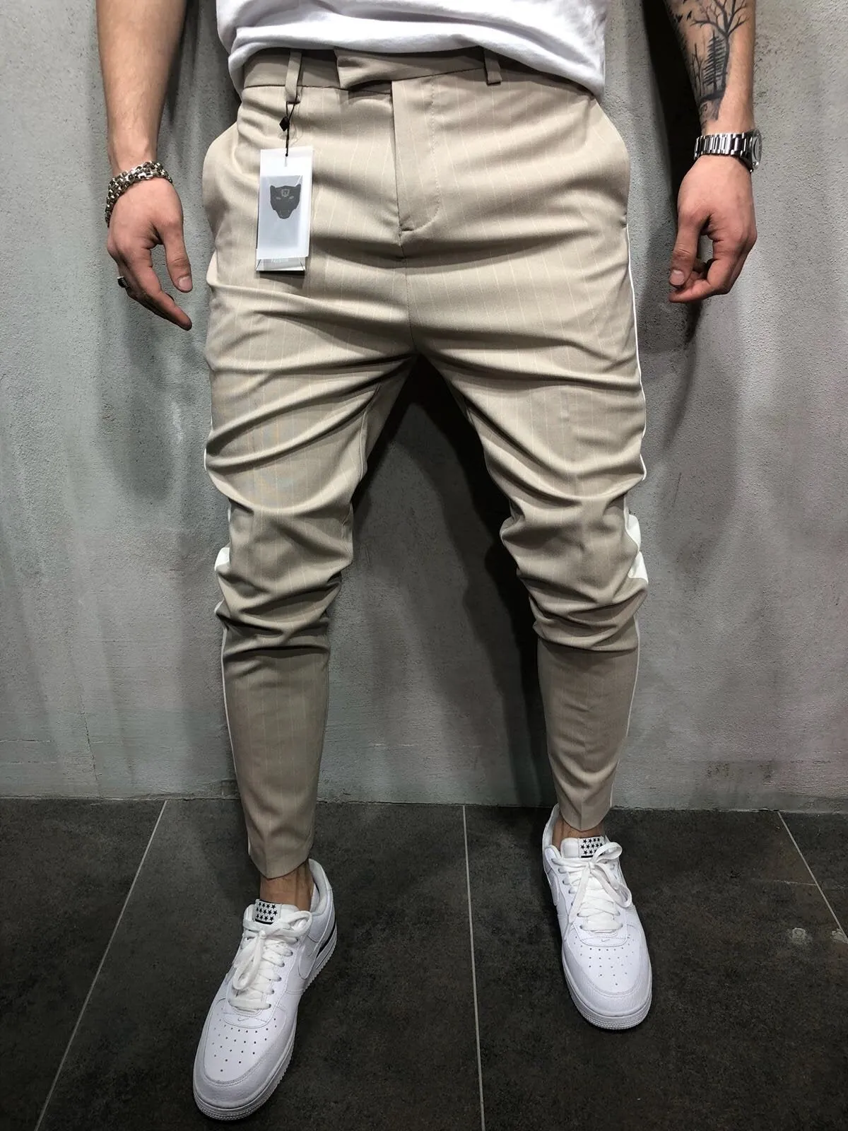 Beige Side Striped Casual Jogger Pant A110 Streetwear Jogger Pants