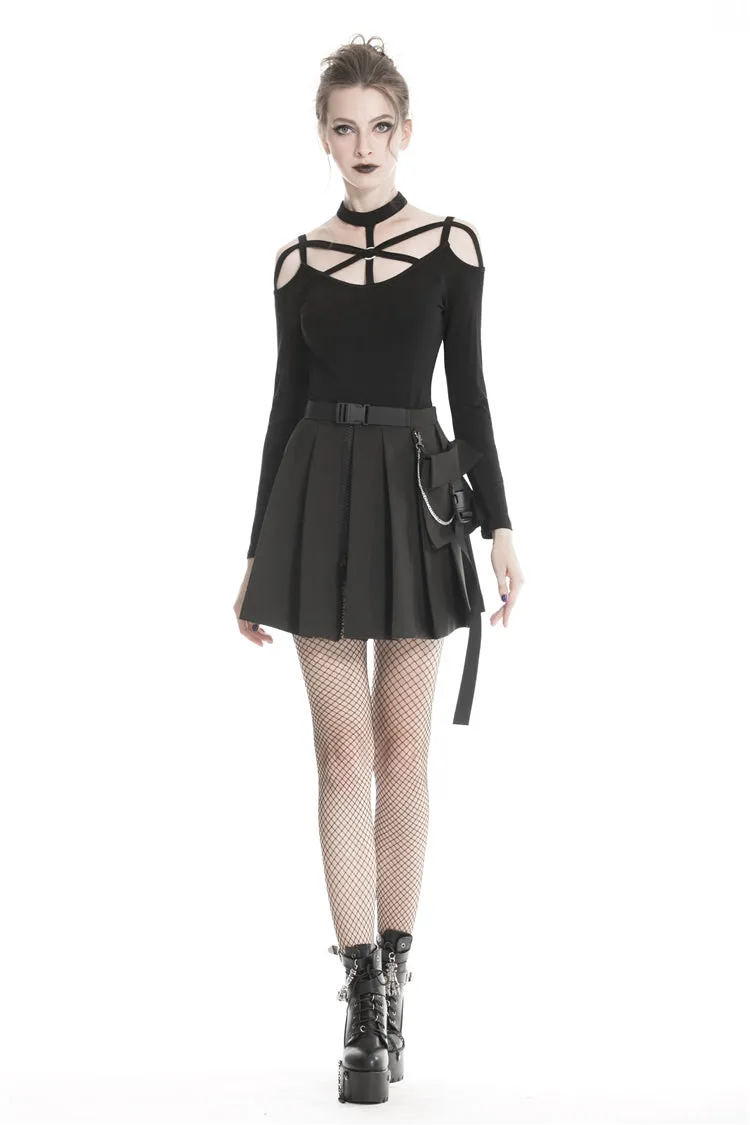 Black casual punk pleated short skirt with bag side KW152