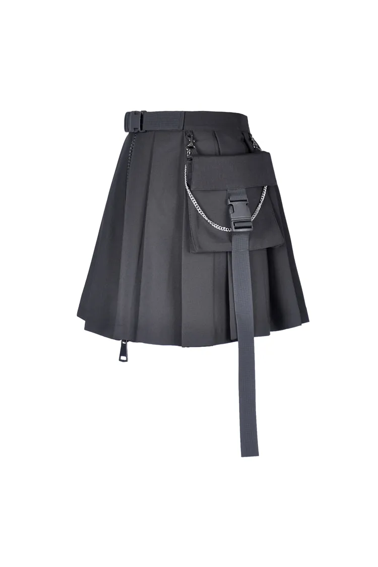 Black casual punk pleated short skirt with bag side KW152