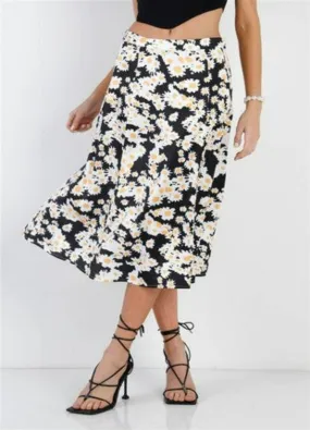 Black Daisy Silk Midi Skirt