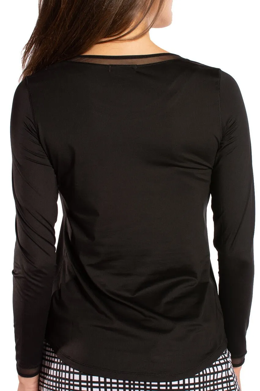 Black Long Sleeve Mesh Trim Top