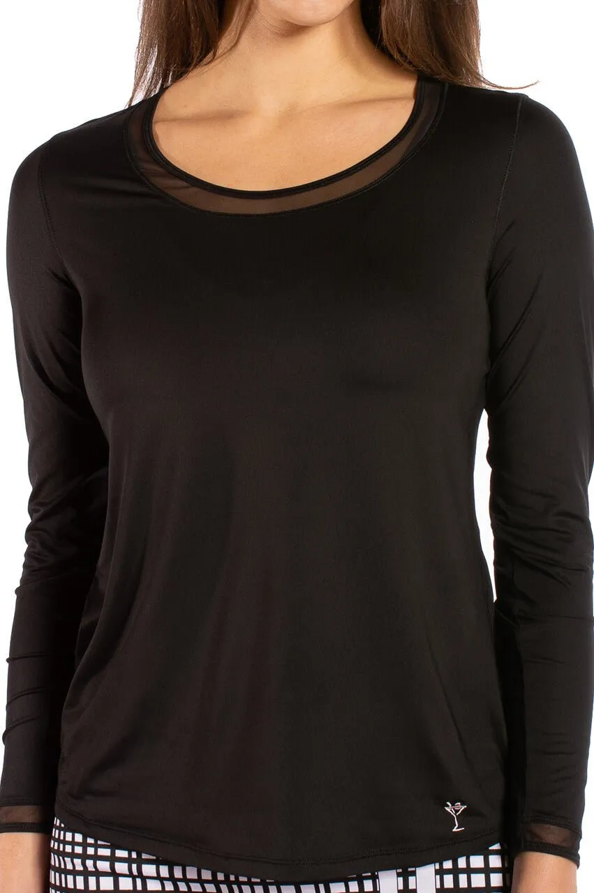 Black Long Sleeve Mesh Trim Top