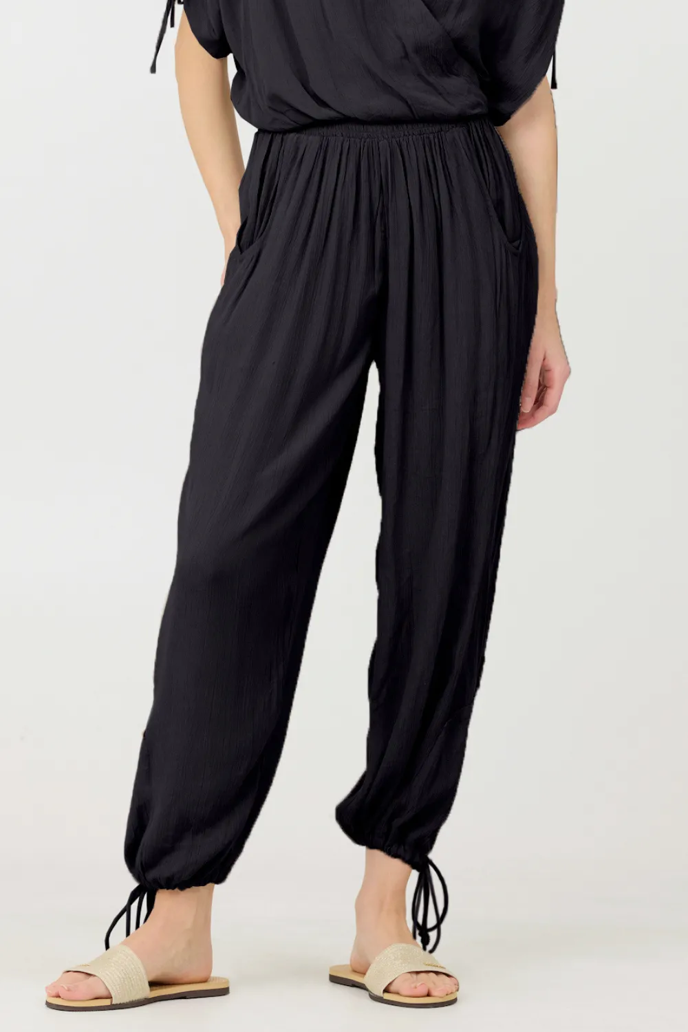 Black Rayon Crinkle Bottom Pants