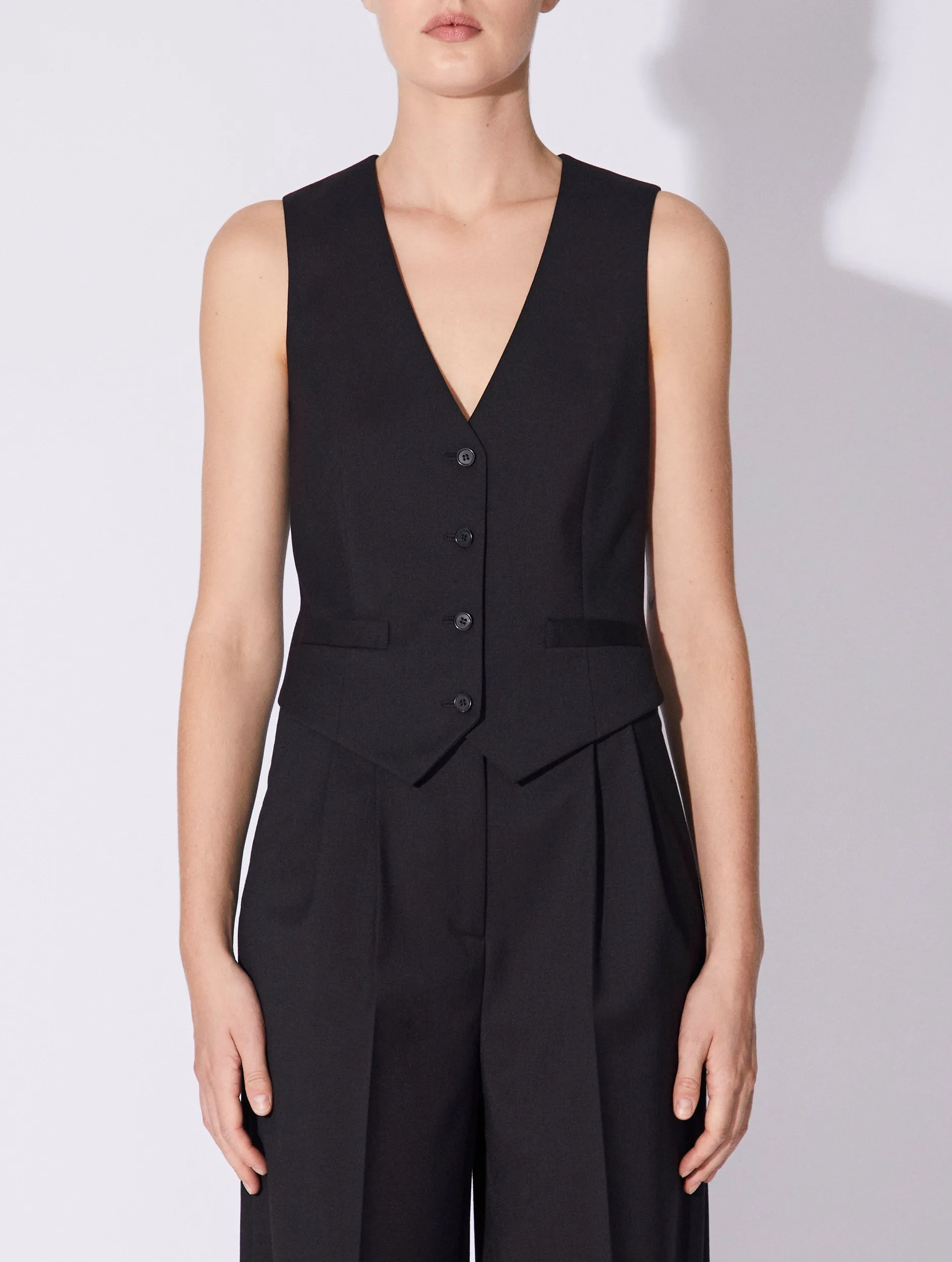 Black stretch wool gabardine suit waistcoat