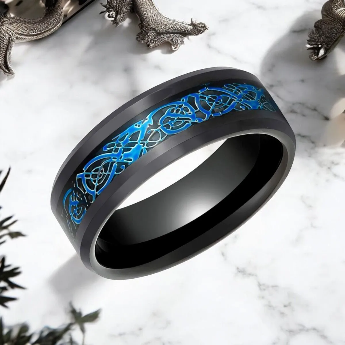 BLUEKNOT | Black Tungsten Ring, Black and Blue Celtic Inlay, Beveled