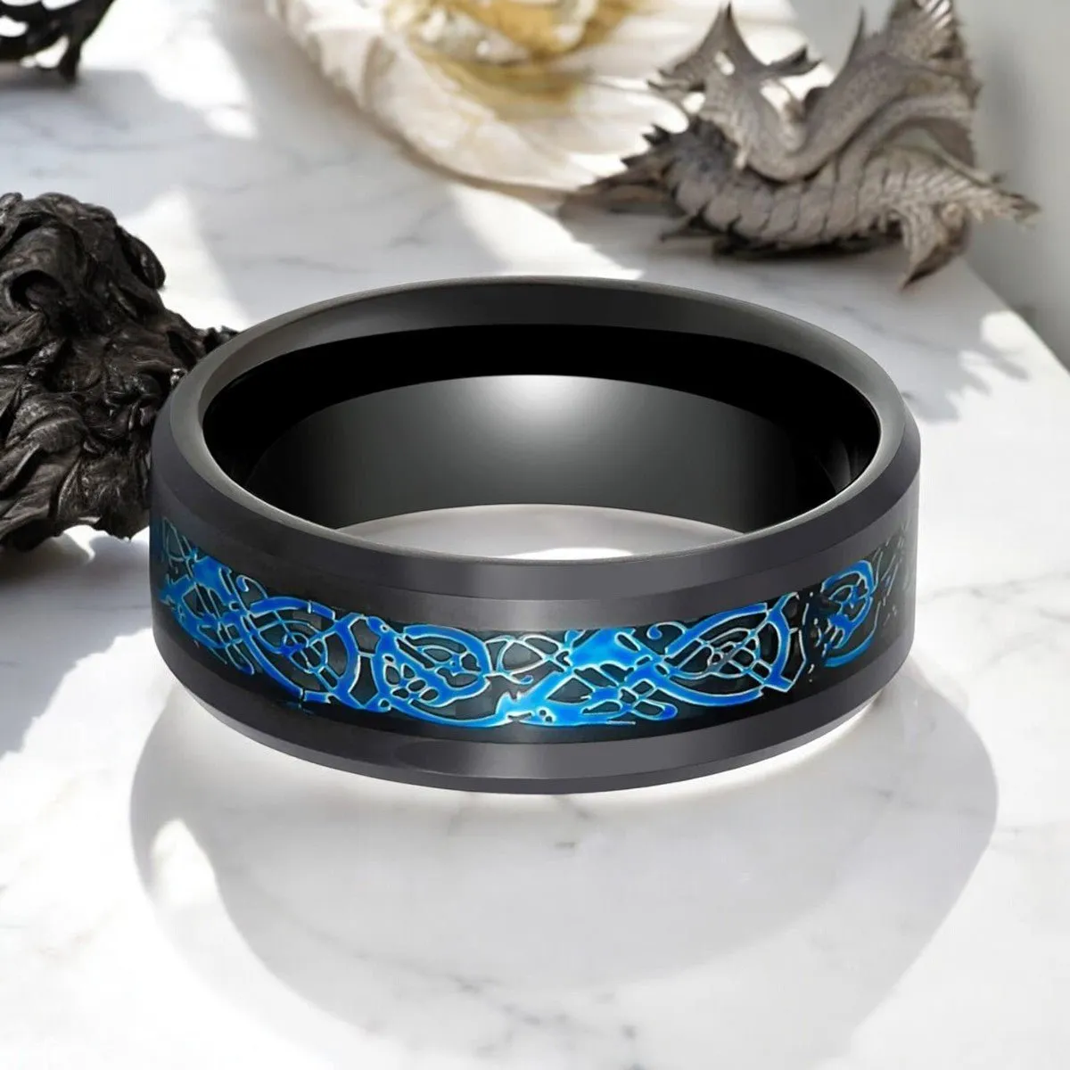 BLUEKNOT | Black Tungsten Ring, Black and Blue Celtic Inlay, Beveled