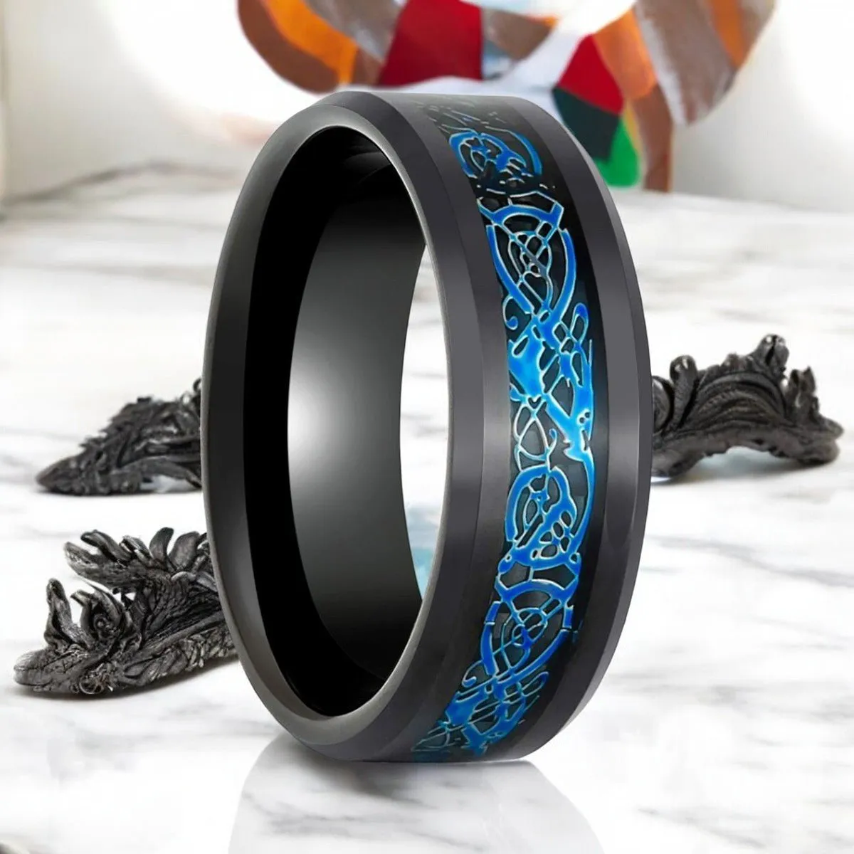 BLUEKNOT | Black Tungsten Ring, Black and Blue Celtic Inlay, Beveled