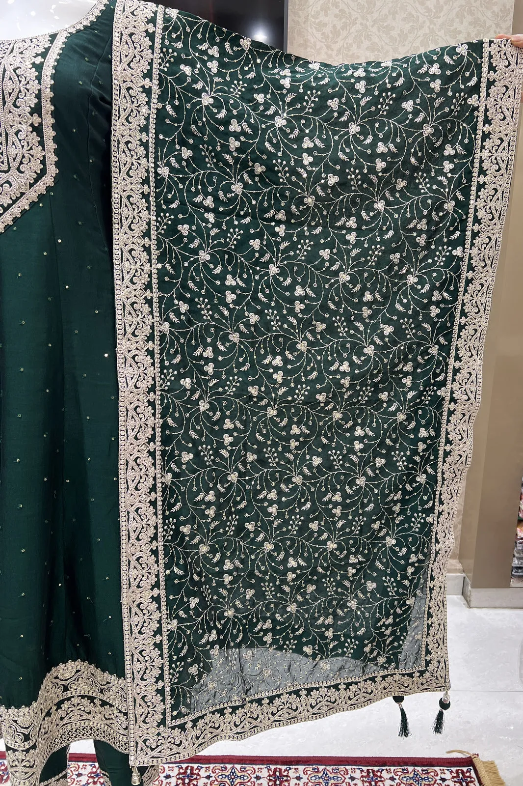 Bottle Green Sequins and Zari Thread work Anarkali Style Salwar Suit