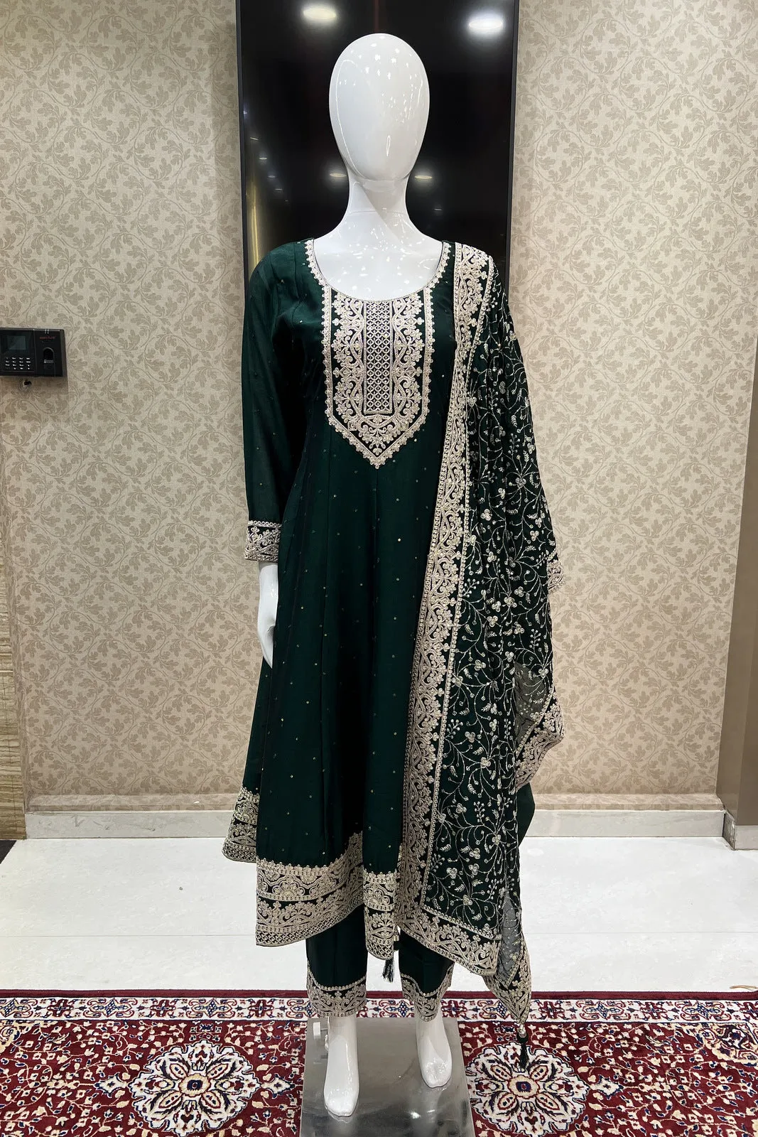 Bottle Green Sequins and Zari Thread work Anarkali Style Salwar Suit