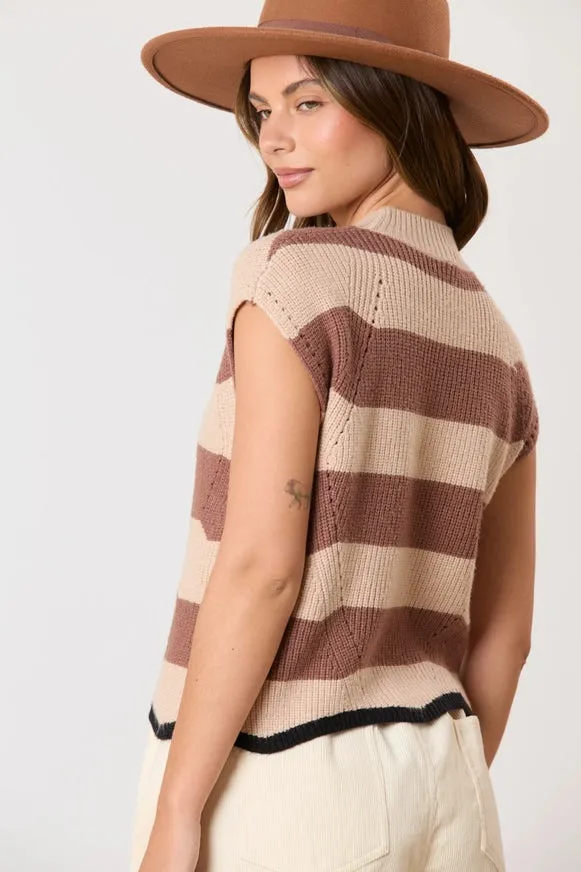 Brown and Taupe Viscose Stripe Contrast Scallop Hem Line Sweater Vest