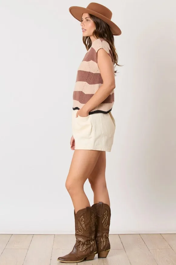 Brown and Taupe Viscose Stripe Contrast Scallop Hem Line Sweater Vest